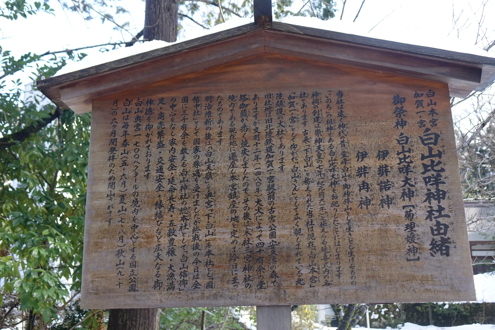白山比咩神社的由緒板，木造覆瓦，開頭寫「白山本宮／加賀一ノ宮」，正文記舊社地在安久濤の森與文明十二年的大火