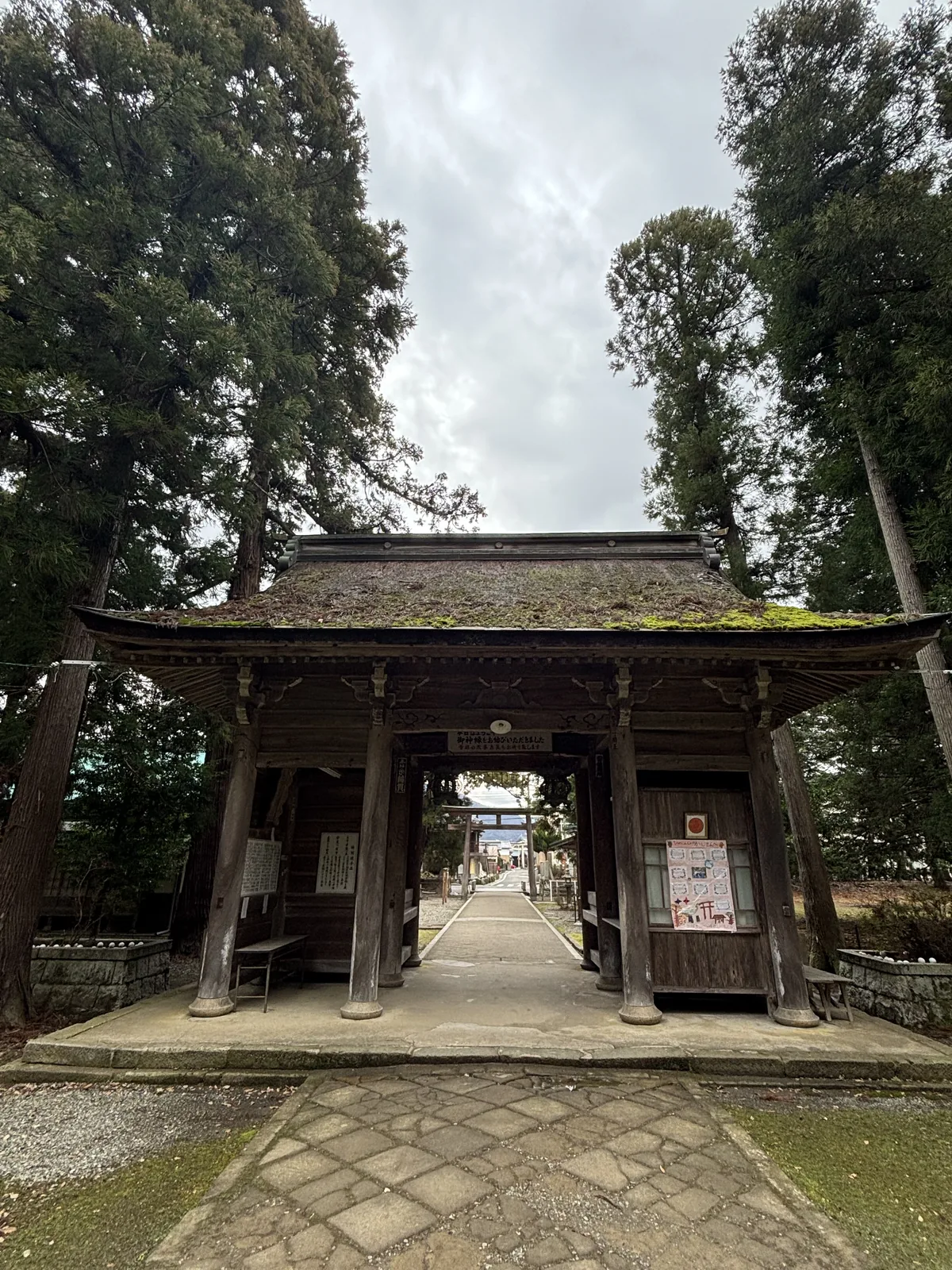 從若狹姬神社境內回望隨神門，石畳的參道從門下穿出去