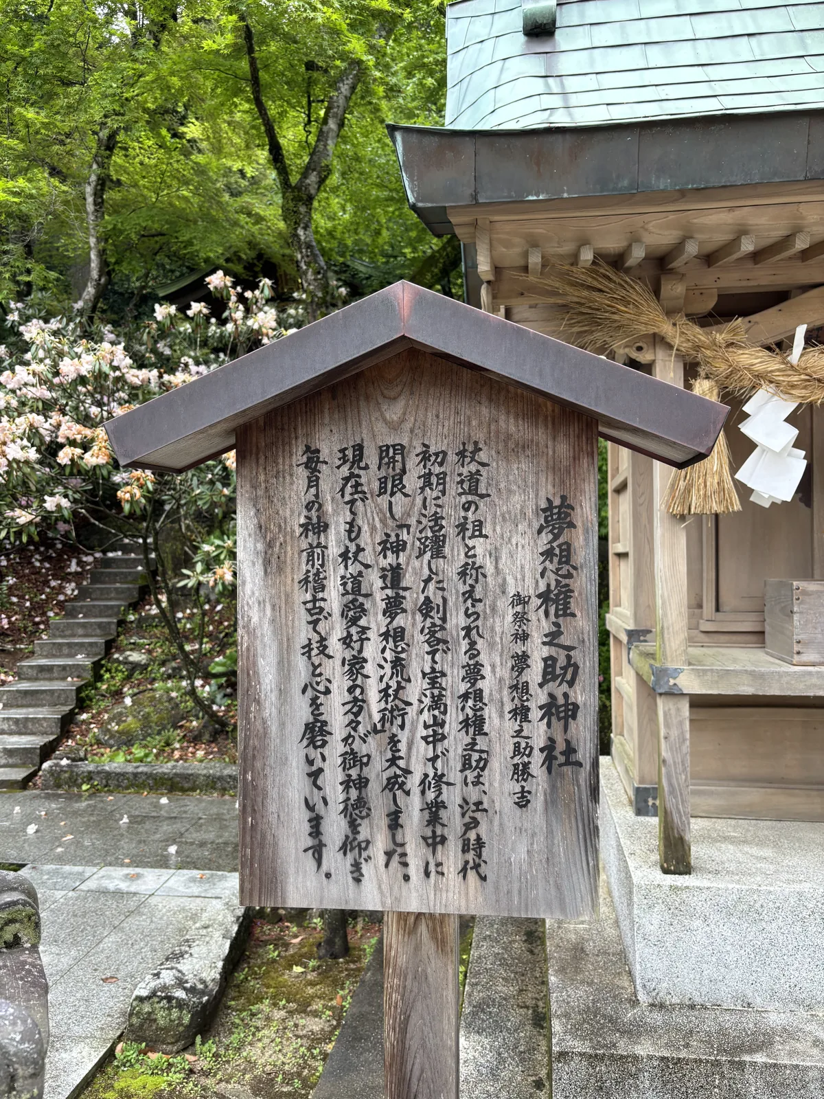 夢想權之助神社的立牌與社殿，背後石階旁石楠花盛開