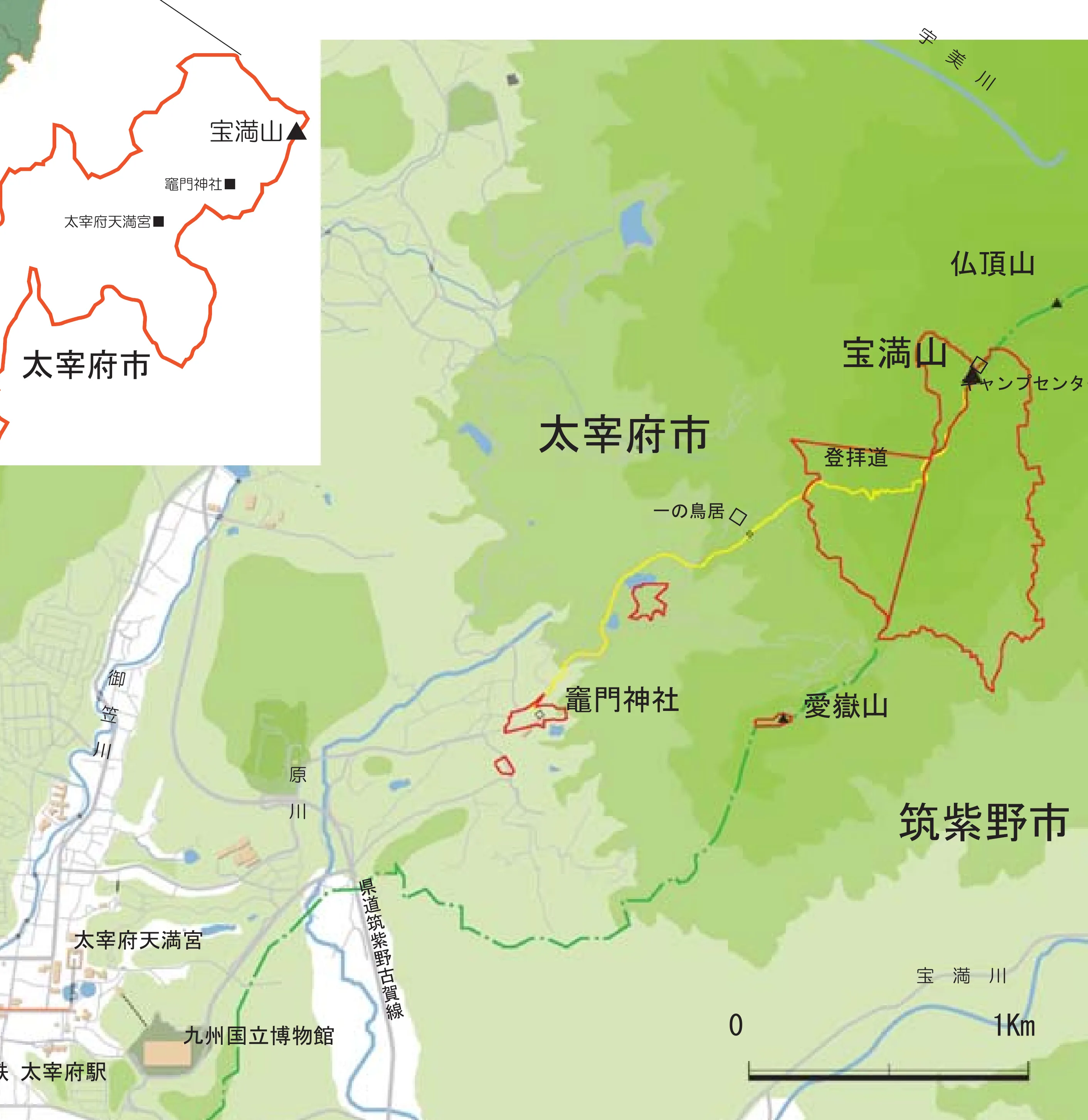 太宰府市官方地圖，涵蓋太宰府驛、天滿宮、九州國立博物館、竈門神社、一の鳥居與登拜道
