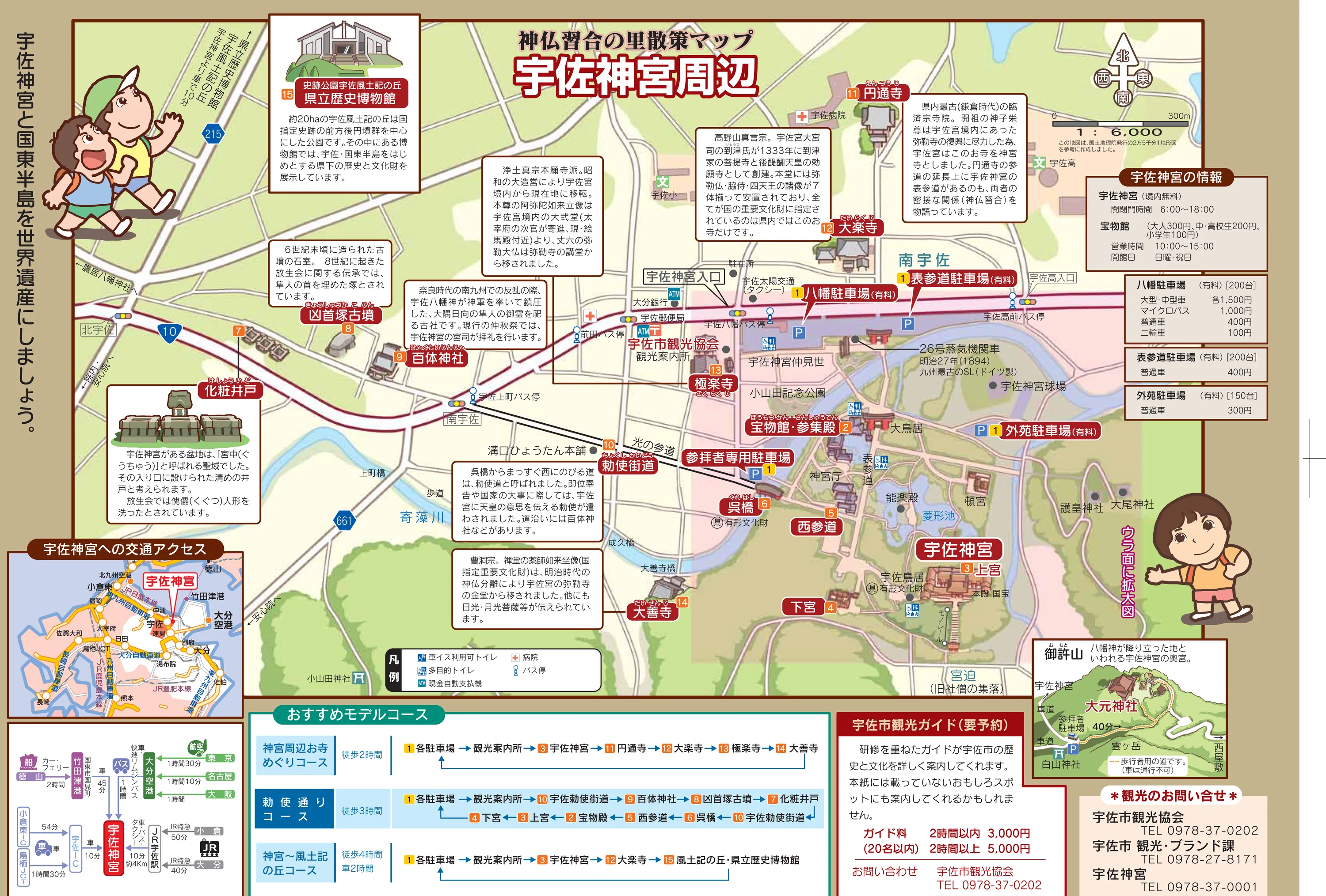 宇佐神宮周邊的官方散策圖，右方是神宮境內，左方沿勅使街道排列百体神社、凶首塚古墳、化粧井戶三個編號點