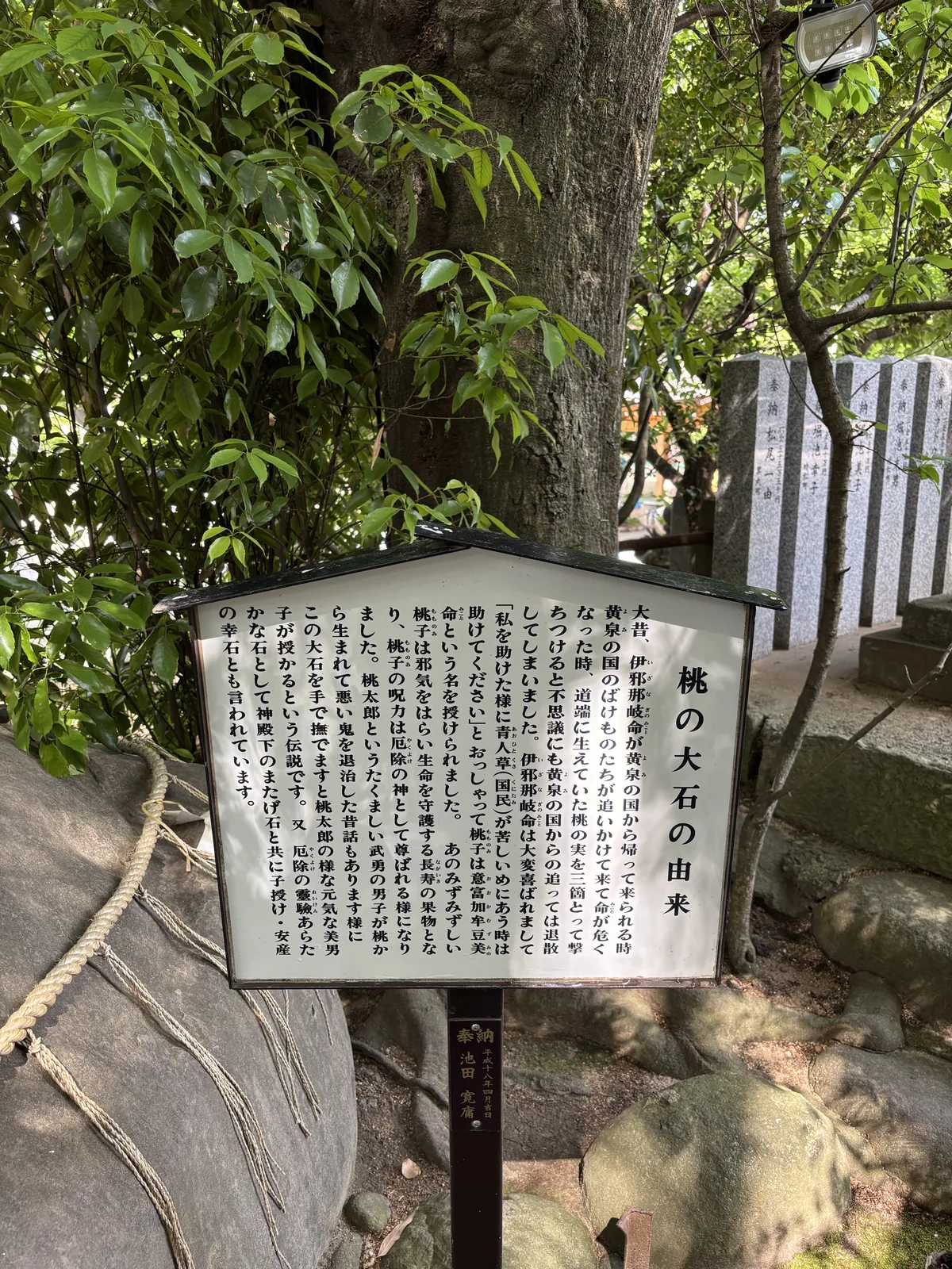 桃の大石の由来看板，直排日文，講伊邪那岐命以三顆桃實擊退黃泉追兵的故事