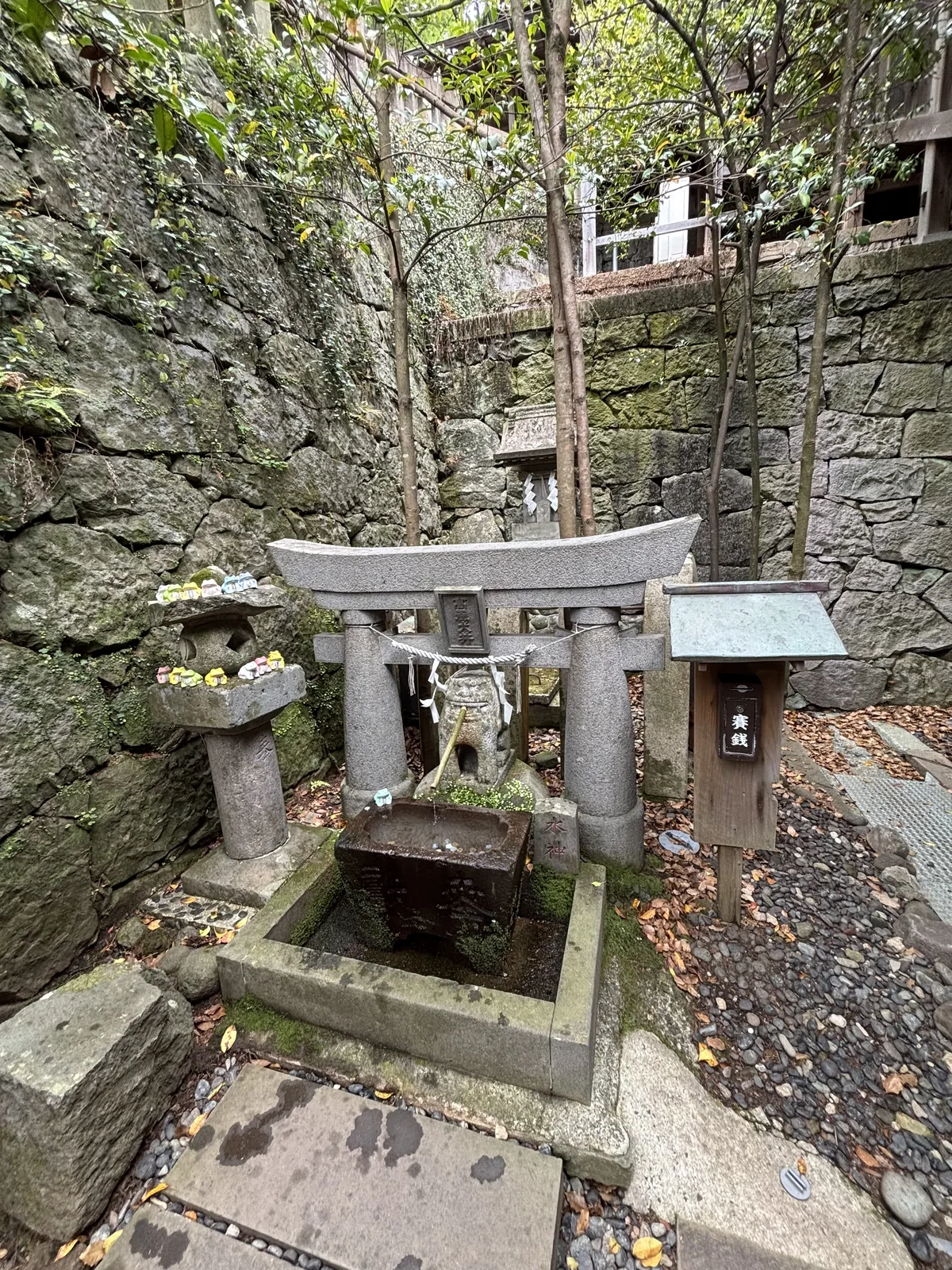 諏訪神社境內石垣下的「高麗犬の井戶」，小型石鳥居、石造水槽與一隻狛犬，前方擺著木製賽錢箱