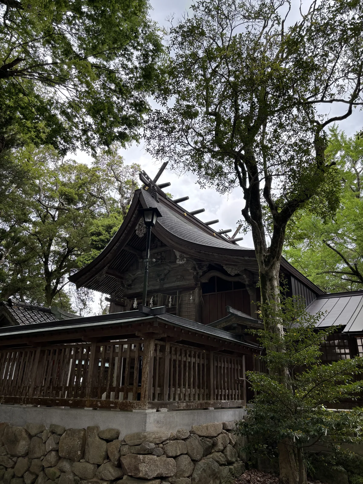從側後方看飯盛神社的社殿，屋脊上有交叉的千木與橫排鰹木，銅板屋頂帶大曲線，下方是木造透塀與石垣