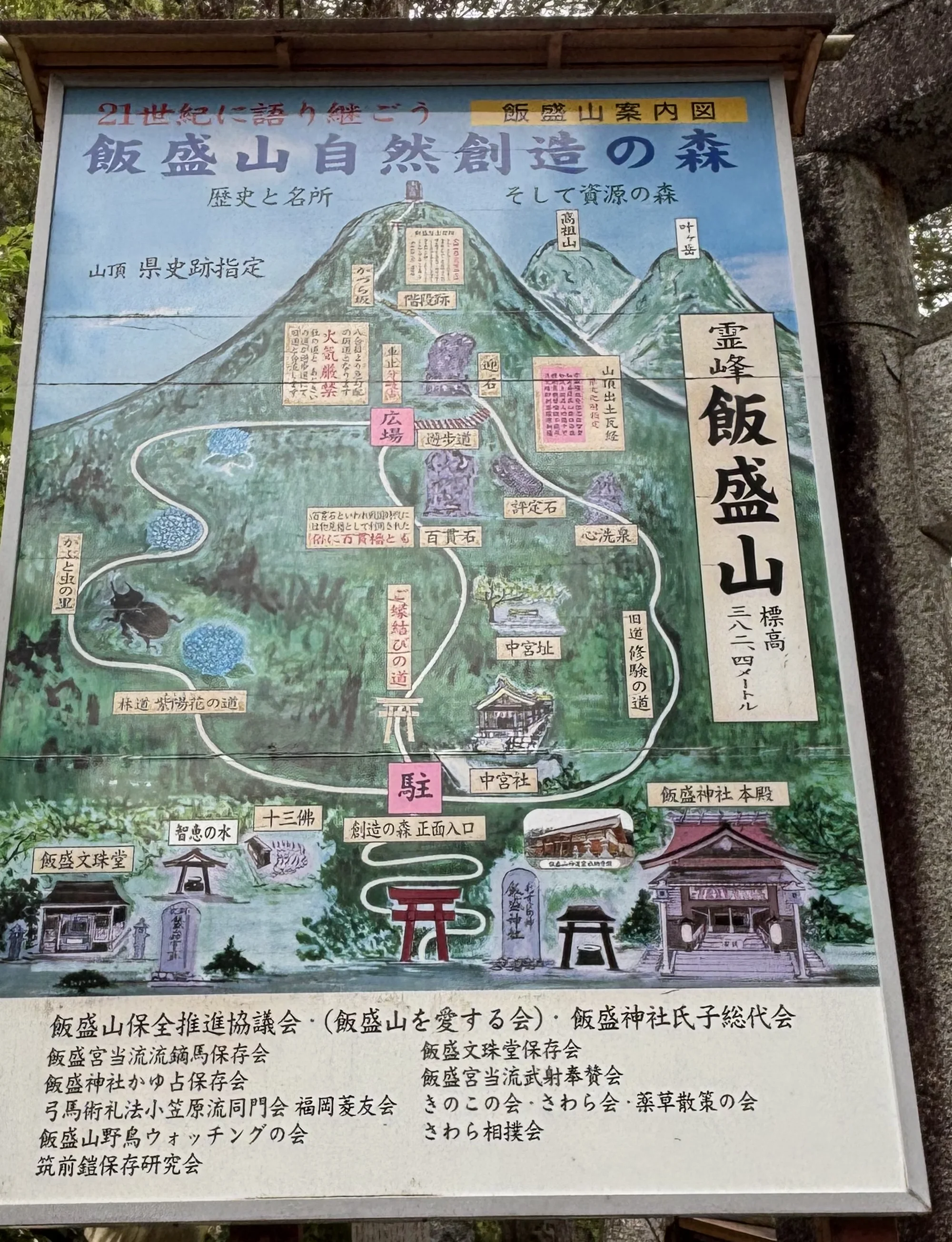 飯盛神社境內手繪的「飯盛山自然創造の森」案內圖，畫出飯盛山與山上的各個節點，底下列著十個保存會的名字