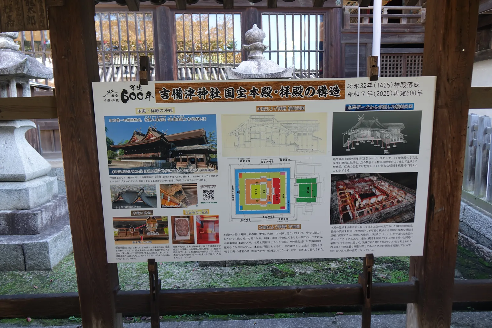 境內的「吉備津神社 國寶本殿・拜殿の構造」看板，印著應永三十二年（1425）神殿落成與令和七年（2025）再建六百年，中央是本殿的平面圖與斷面圖