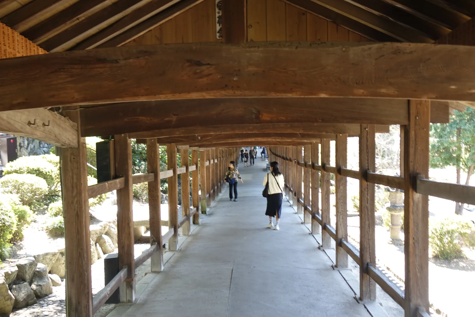 走在吉備津神社迴廊裡：柱、樑與地面都是素木，兩側敞開，光從側面斜進來把木頭切成一節一節，地面一路往前起伏