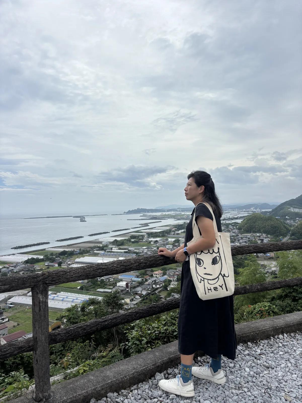木製欄杆前，一個人站著往南看。欄杆之外是聚落、防風林與海。
