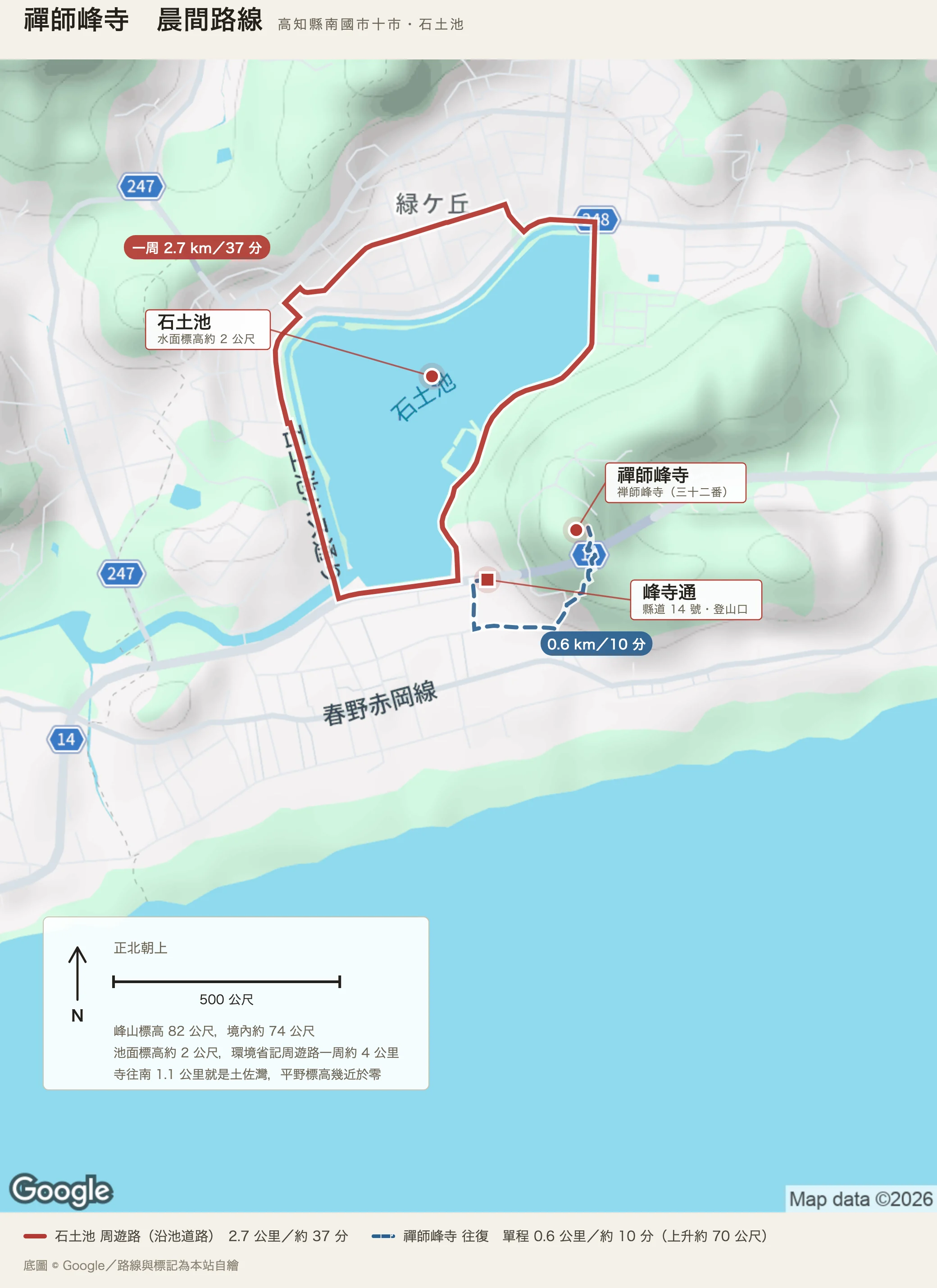 禪師峰寺晨間路線圖：石土池的沿池道路繞一圈，南岸往東岔出虛線上到峰寺通與禪師峰寺，畫面下方是土佐灣與零標高的平野