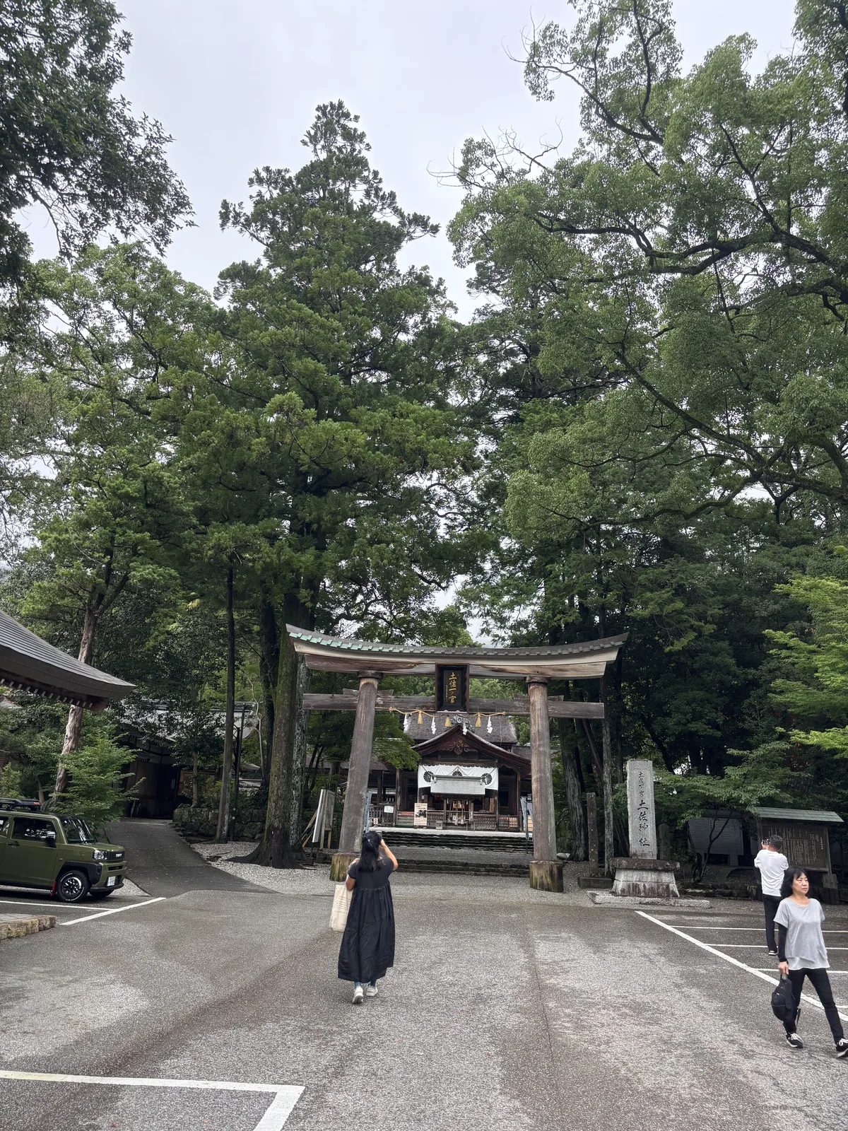 從境內北側的入口看：木造的明神鳥居，柱腳邊是柏油鋪面與停車格白線。這不是參道南端的樓門。