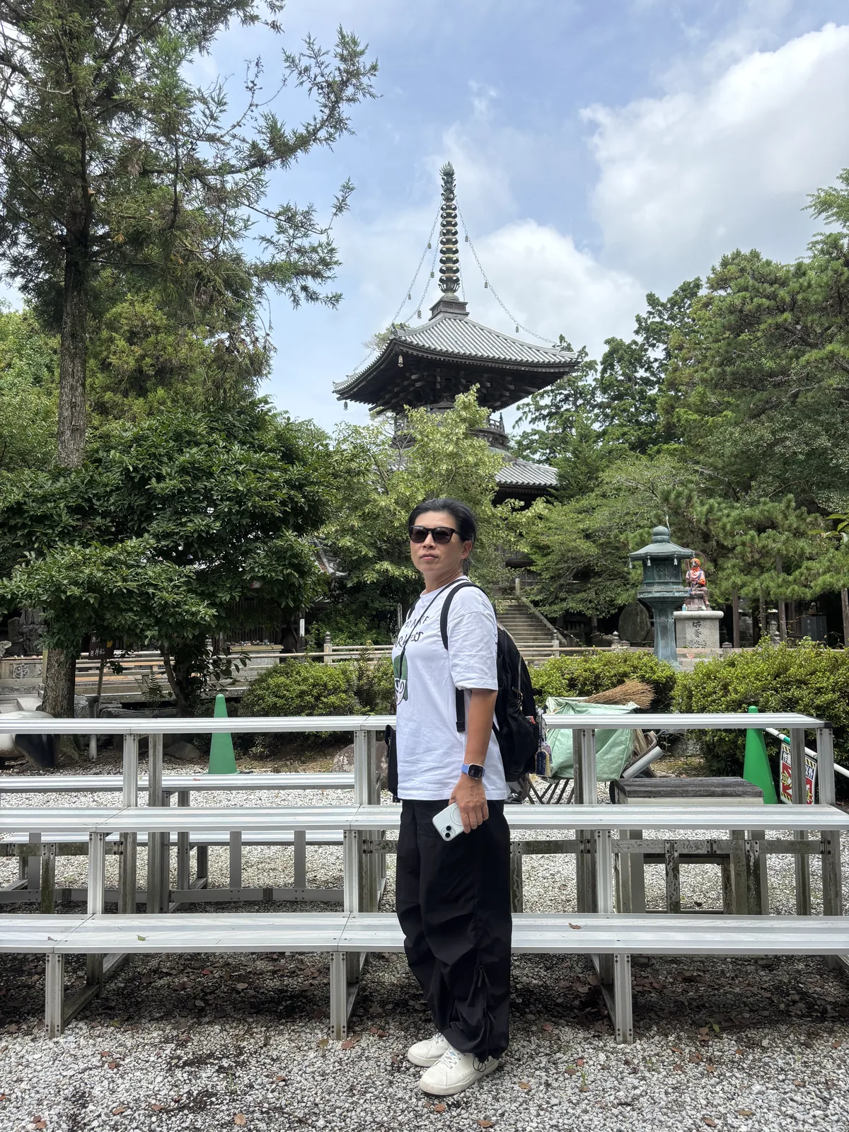 池畔白色欄杆前，背後可見多寶塔的塔頂與松。七月的積雲。