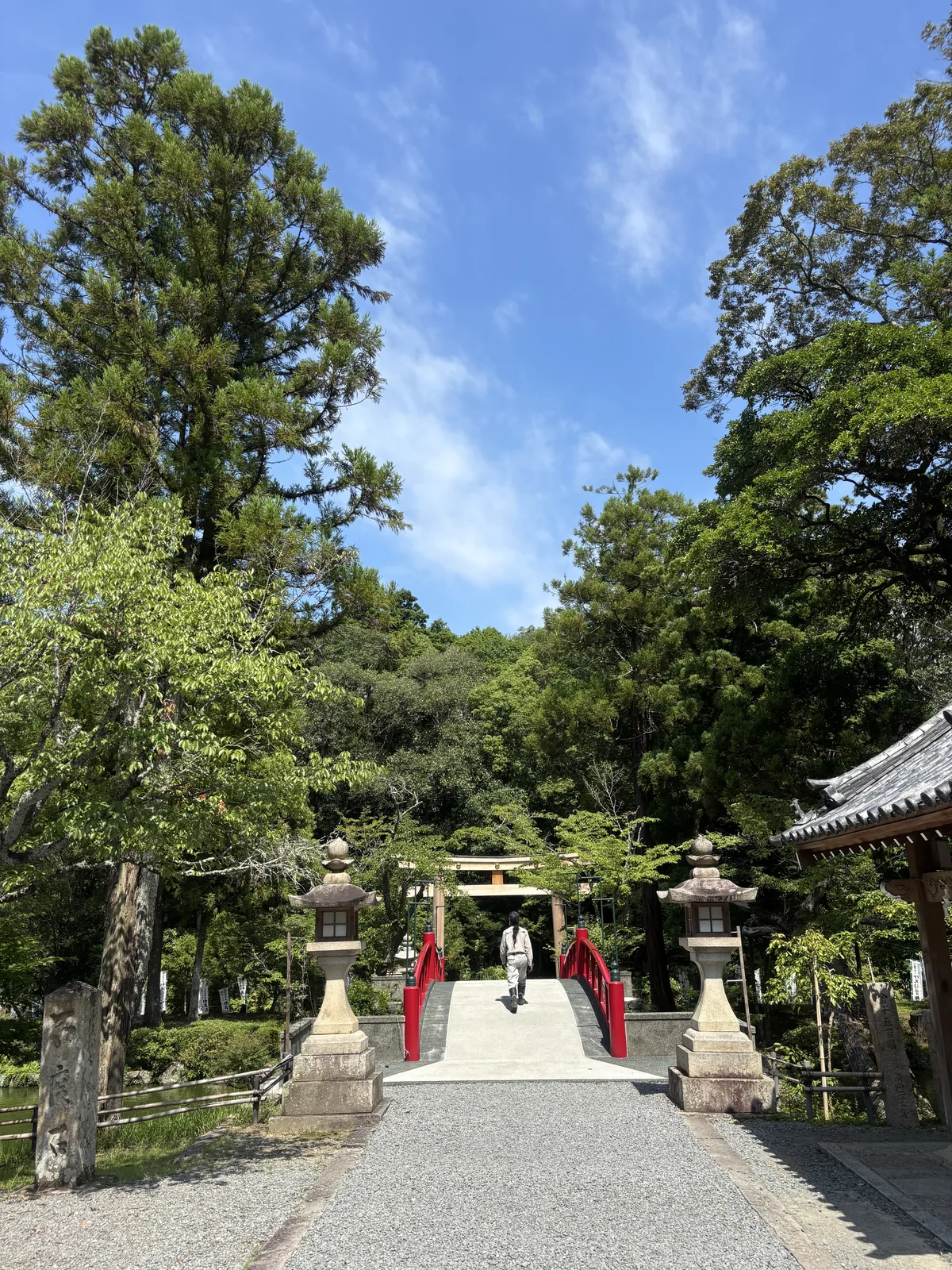 伊太祈曾神社表參道上的朱塗太鼓橋：低拱、紅欄杆，兩側是石燈籠；橋後是木造鳥居與上行的石階