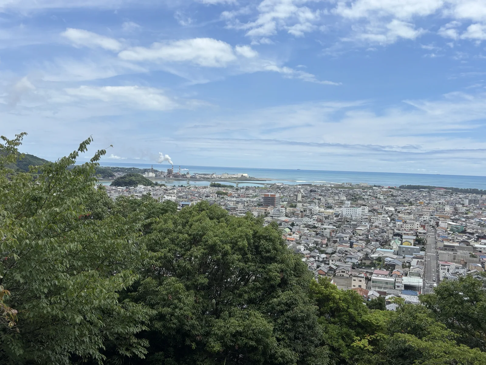 從八十公尺的平台往東看：新宮的屋頂、熊野川的河口、熊野灘。說明板寫的「朝日は熊野川河口一体を金色に染め」，指的就是這個方向。