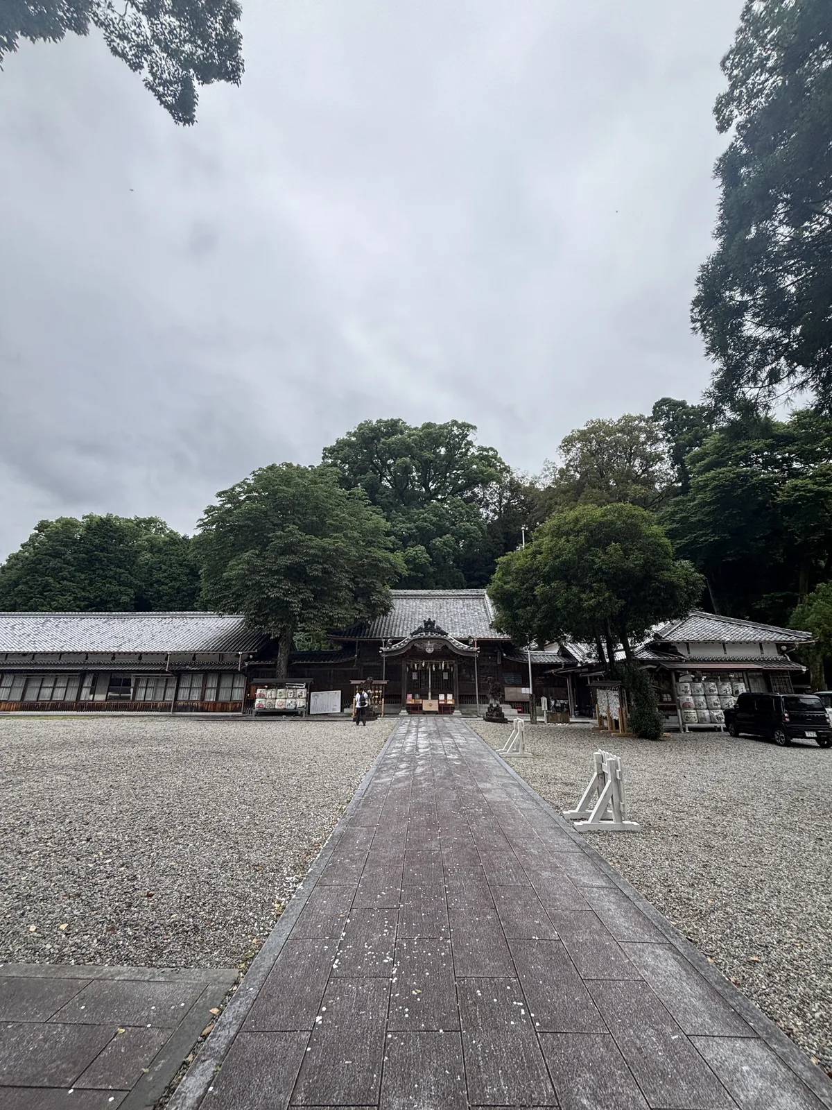 雨中的碎石地與中央抬高的步道，直通盡頭的拜殿。兩側是社務所與附屬建築，背後是高大的常綠樹。