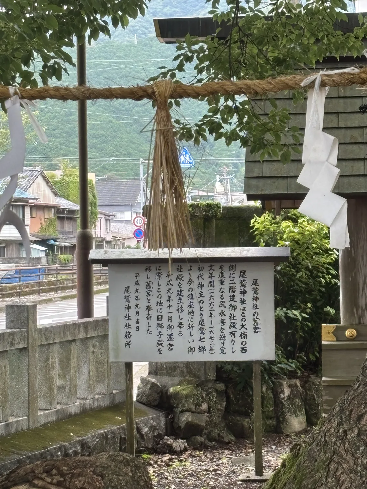 記「尾鷲神社はこの大楠の西側に二階建御社殿有りしを度重なる風水害を避け寛文年間（一六六一年〜一六七二年）初代神主のとき尾鷲七郷より今の鎮座地に新しい御社殿を建立移し奉る」。板後是川與市街，遠處是山。