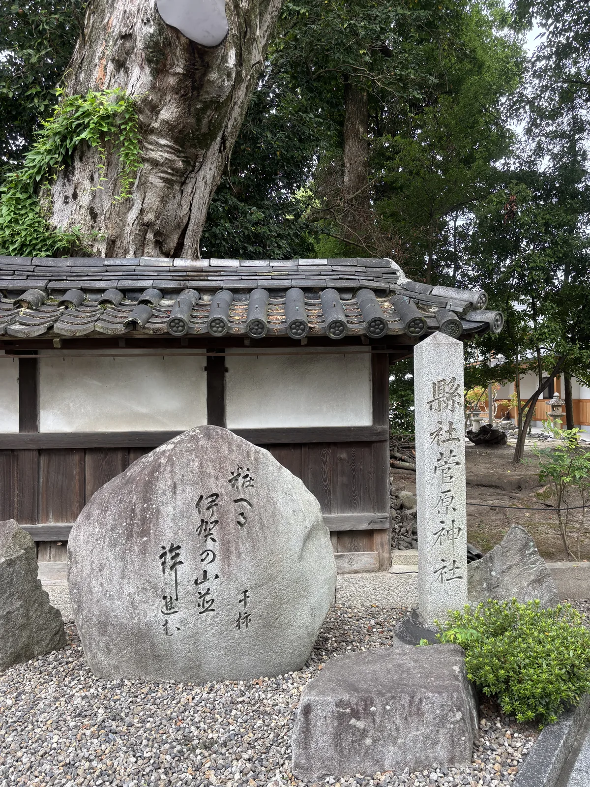 花崗岩的社號標刻「縣社菅原神社」，縣社是戰前那套神社等級制度裡的一級。左邊一塊自然石是俳句碑，草書三行。背後是白灰泥的土塀與瓦頂，塀後探出一株巨木的樹幹。