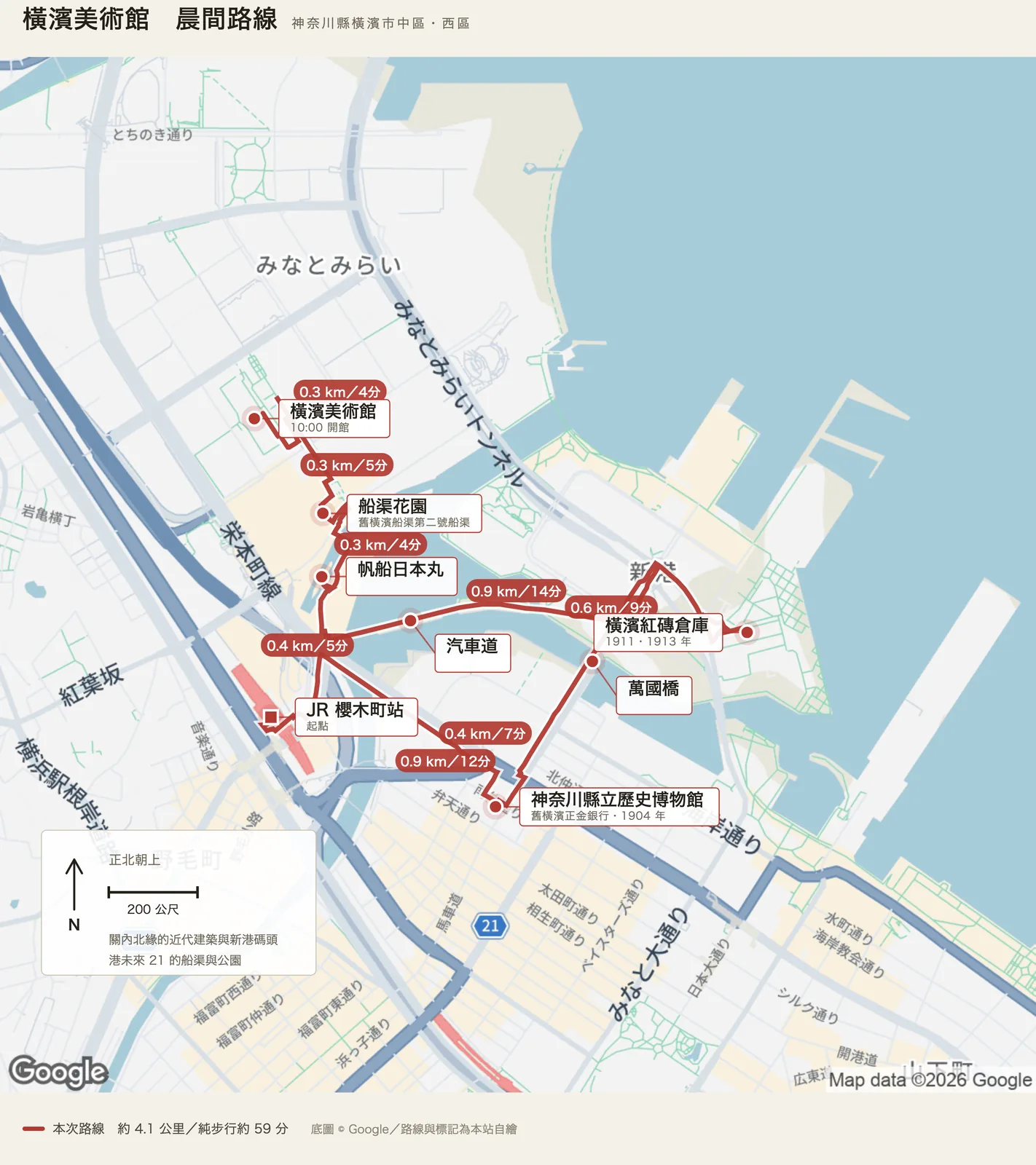 橫濱美術館晨間路線圖，自 JR 櫻木町站出發，經神奈川縣立歷史博物館、萬國橋、橫濱紅磚倉庫、汽車道、帆船日本丸與船渠花園，到達橫濱美術館