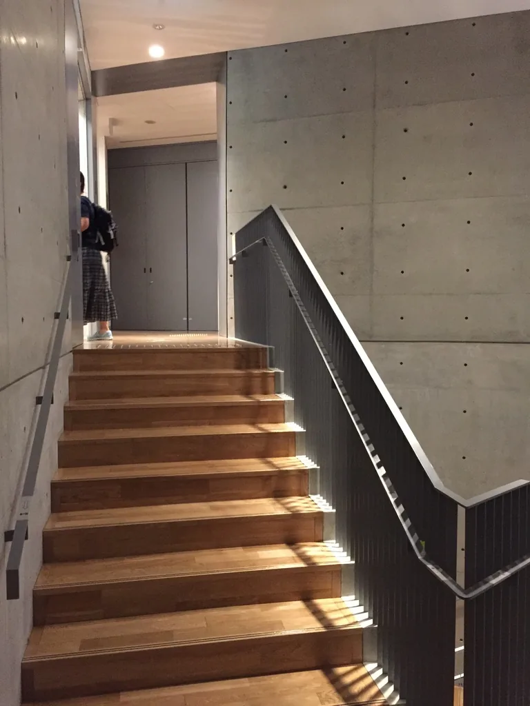 木踏面的直跑階梯，兩側為清水混凝土牆，鋼製扶手沿階梯延伸，踏面下緣嵌有照明