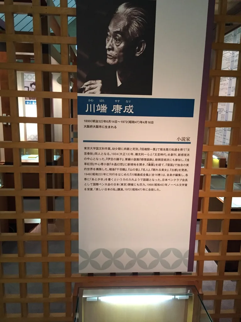 木製格柵前立著川端康成的解說板，上半部是黑白肖像照，下半部是藍色標題與生平說明，底部飾以一列圓形紋樣，下方是玻璃展示櫃