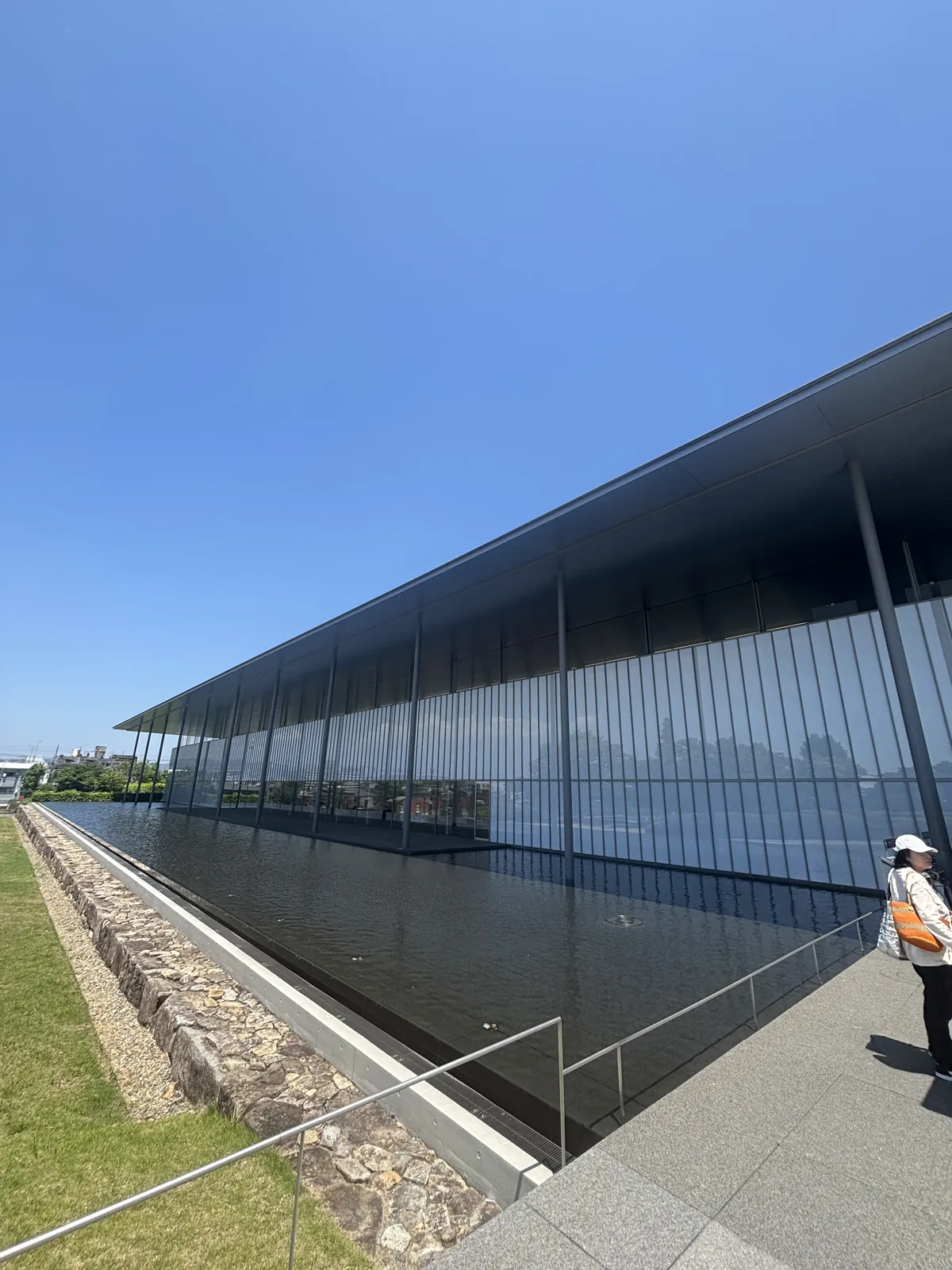 平成知新館的西側外觀，一道深出挑的水平屋頂覆在整面玻璃與細直 louver 之上，屋頂下方是一池淺水，水池邊緣是一道粗石砌的矮牆，左側是草坪，天空晴朗