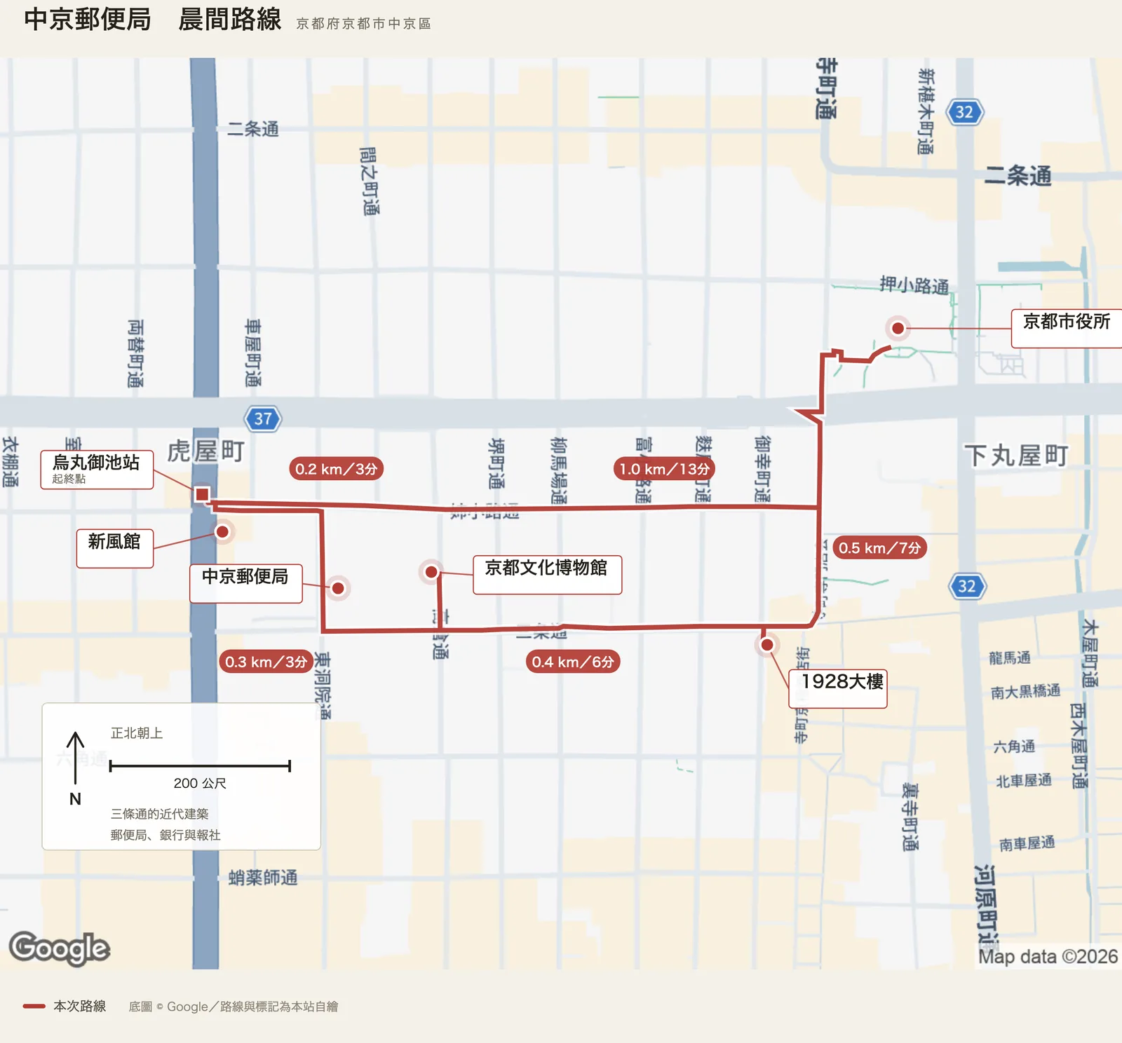 中京郵便局晨間路線圖，自烏丸御池站出發，經新風館、中京郵便局、京都文化博物館、1928大樓、京都市役所後返回烏丸御池站