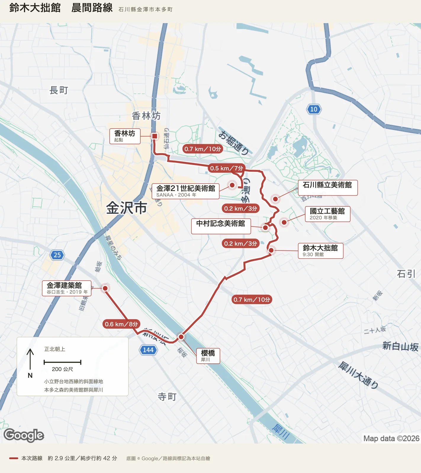 鈴木大拙館晨間路線圖，自香林坊出發，經金澤21世紀美術館、石川縣立美術館、國立工藝館、中村記念美術館抵達鈴木大拙館，再經犀川上的櫻橋前往金澤建築館