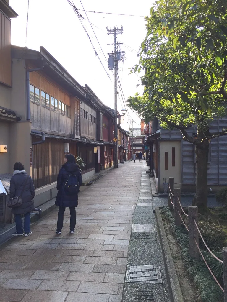 東茶屋街的石板街道，兩側是二層的木造茶屋建築，一樓為細密的木格子，街道盡頭有樹木與遠處的行人