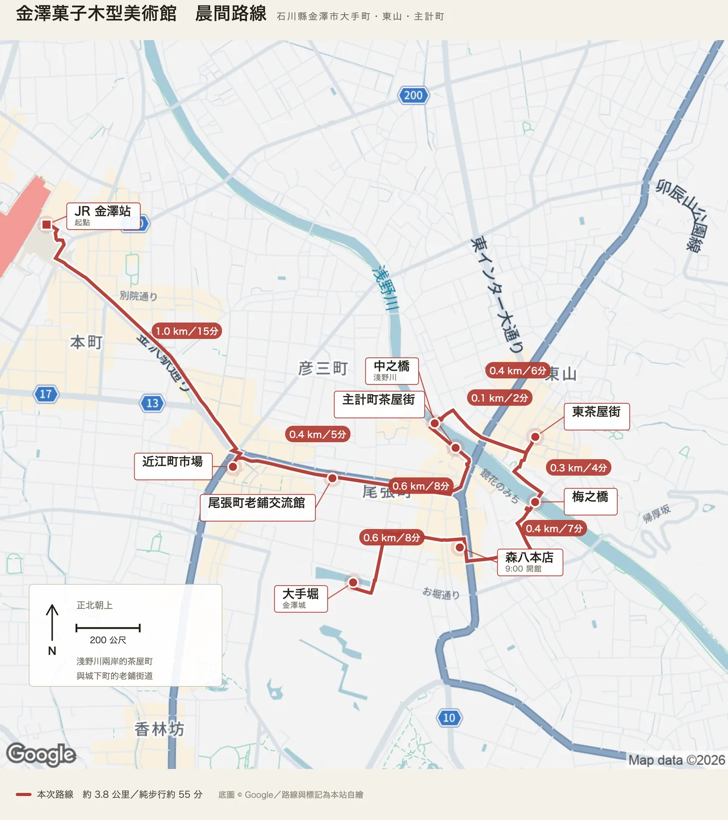 金澤菓子木型美術館晨間路線圖，自 JR 金澤站出發，經近江町市場、尾張町老鋪交流館、主計町茶屋街、中之橋、東茶屋街、梅之橋抵達森八本店，終點為大手堀