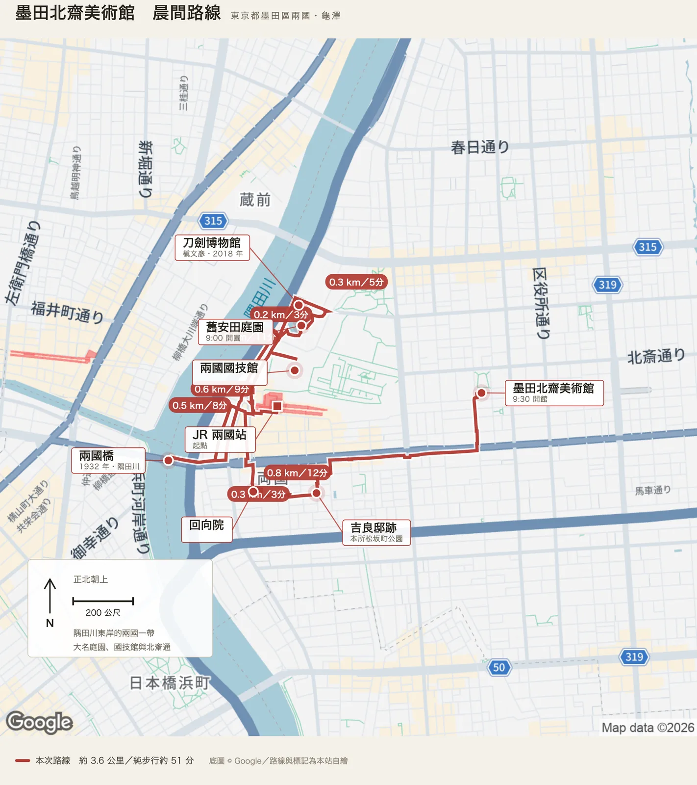 墨田北齋美術館晨間路線圖，自 JR 兩國站出發，經兩國橋、舊安田庭園、刀劍博物館、兩國國技館、回向院與吉良邸跡後抵達美術館