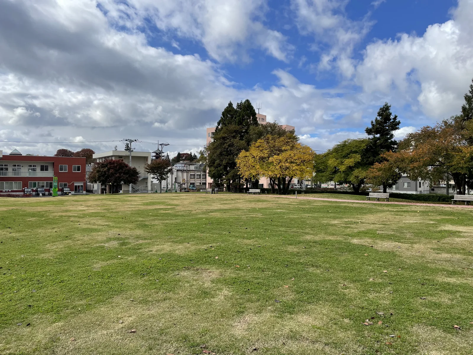 美術館前的大片草坪，遠端為行道樹與吉野町一帶的街區，天空多雲