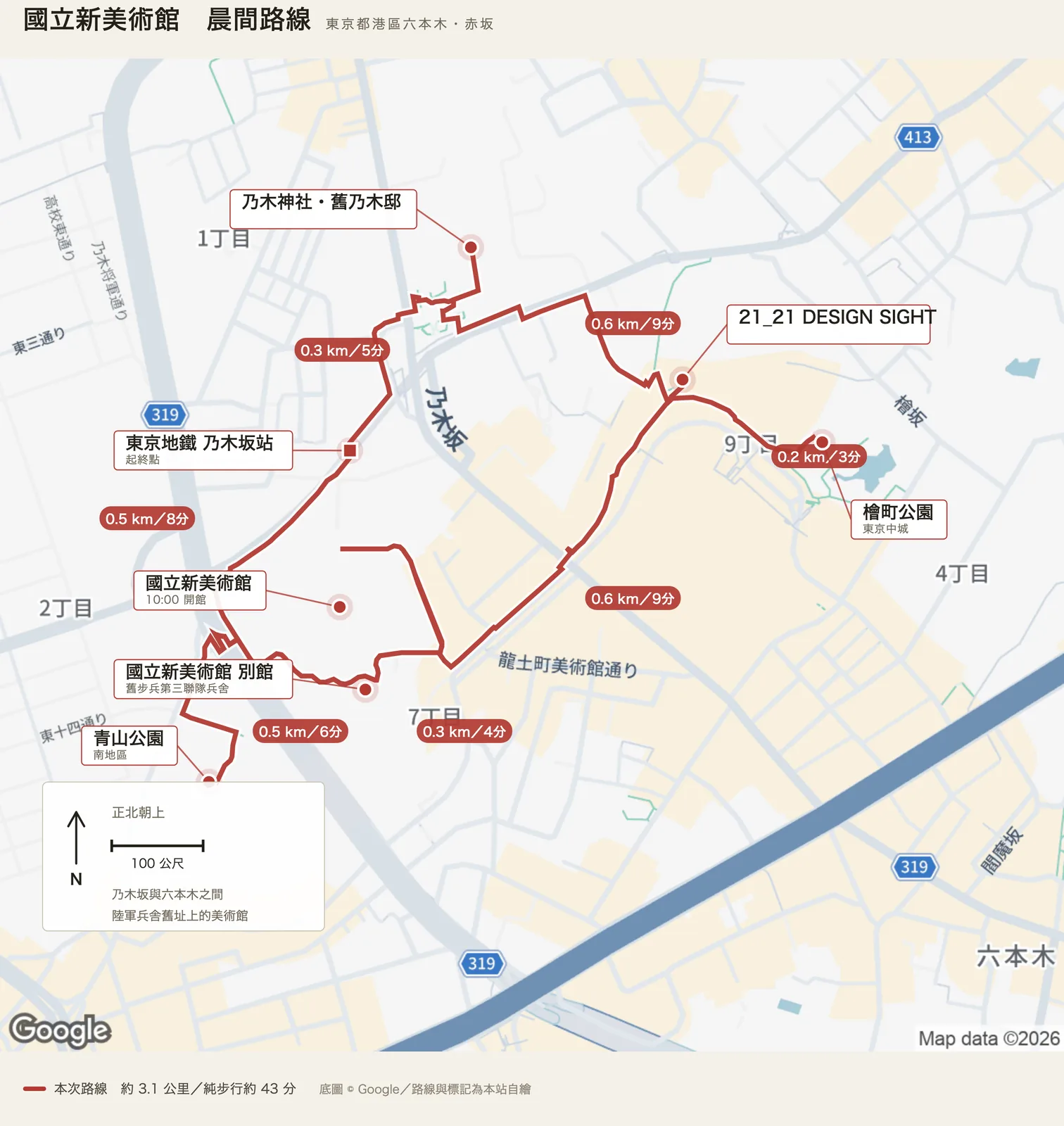 國立新美術館晨間路線圖，自東京地鐵乃木坂站出發，經乃木神社・舊乃木邸、檜町公園、21_21 DESIGN SIGHT、國立新美術館、國立新美術館別館與青山公園南地區後返回乃木坂站