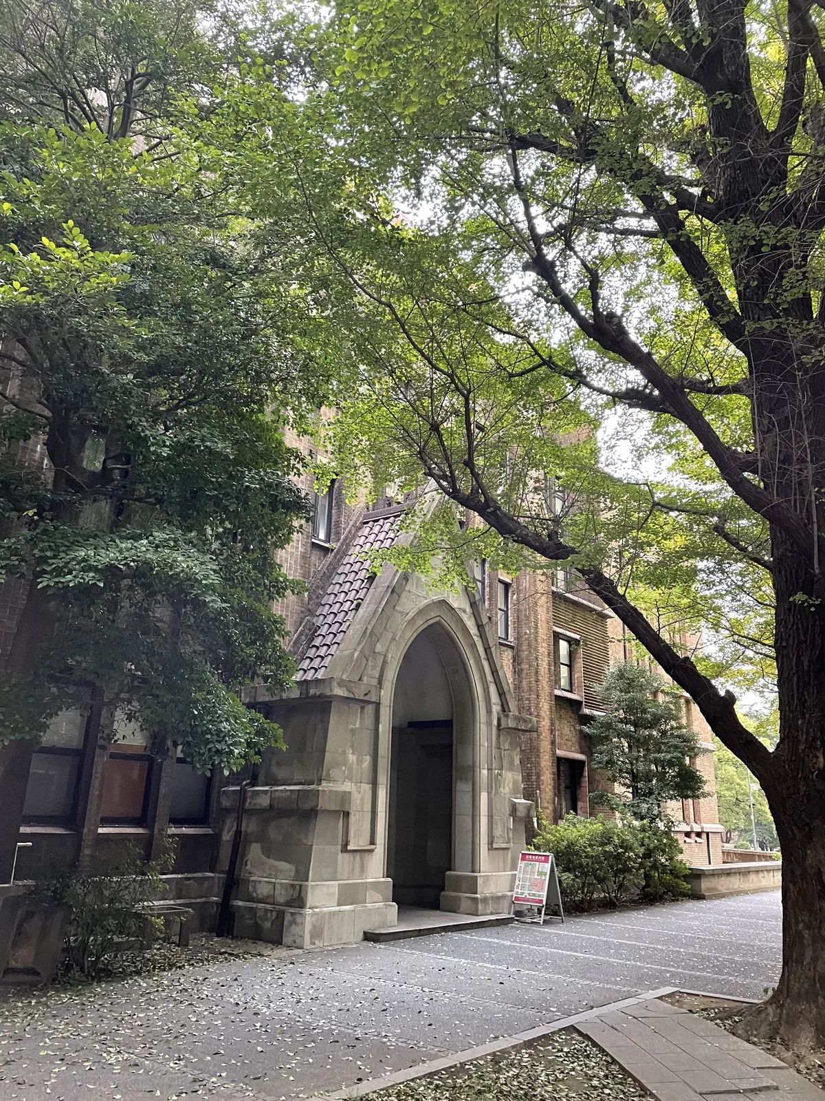 法文館一樓的 arcade 入口，三個尖頂拱並列，中央的拱較高較寬，拱柱頂端有植物紋樣的柱頭，上方是磚面與石材的立面，前方是車道的白線