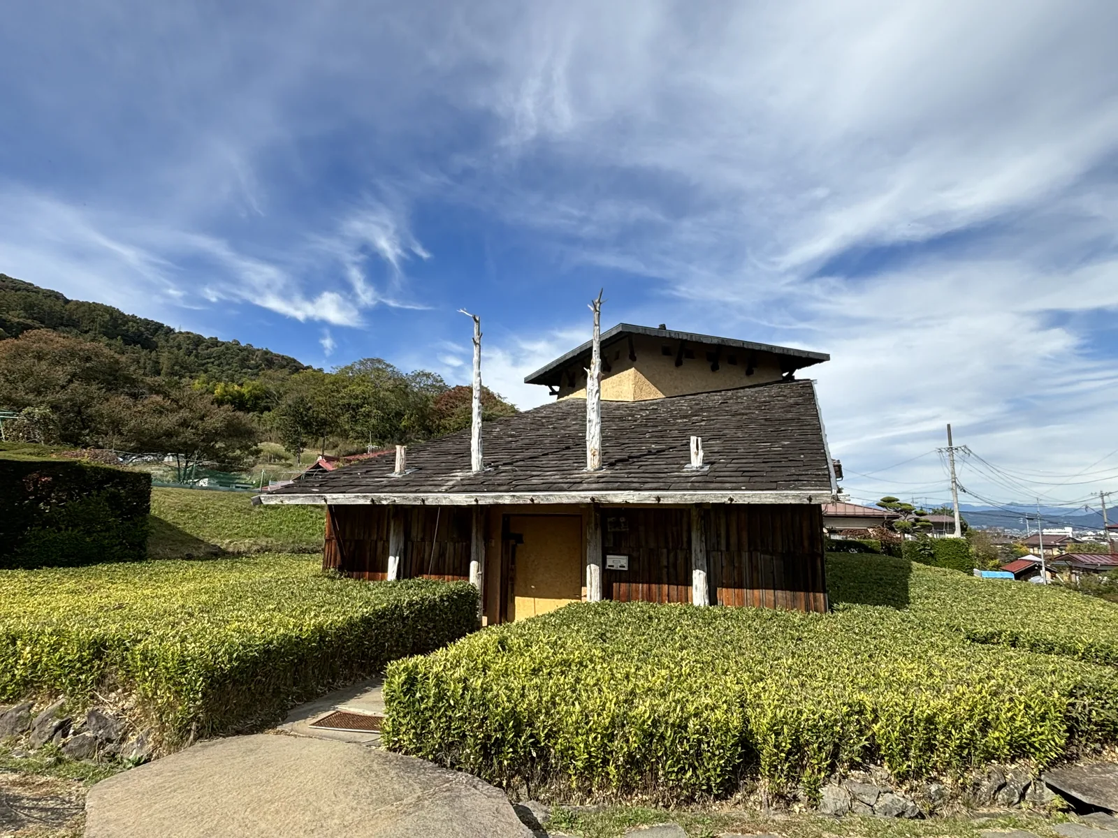 正面全景，史料館立在兩道修剪整齊的綠籬之後，中央是通往入口的石板步道，後方左側是山坡的樹林，右側遠處是盆地的市街