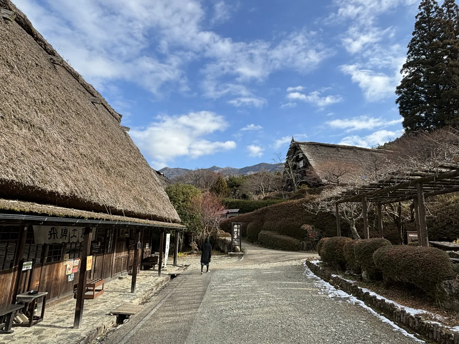 沿著茅草屋頂建築的簷下看道路，左側是成排的柱與掛著工房名稱的橫幅，右側是修剪成圓形的灌木與藤架，遠方是另一棟合掌造的山牆與山