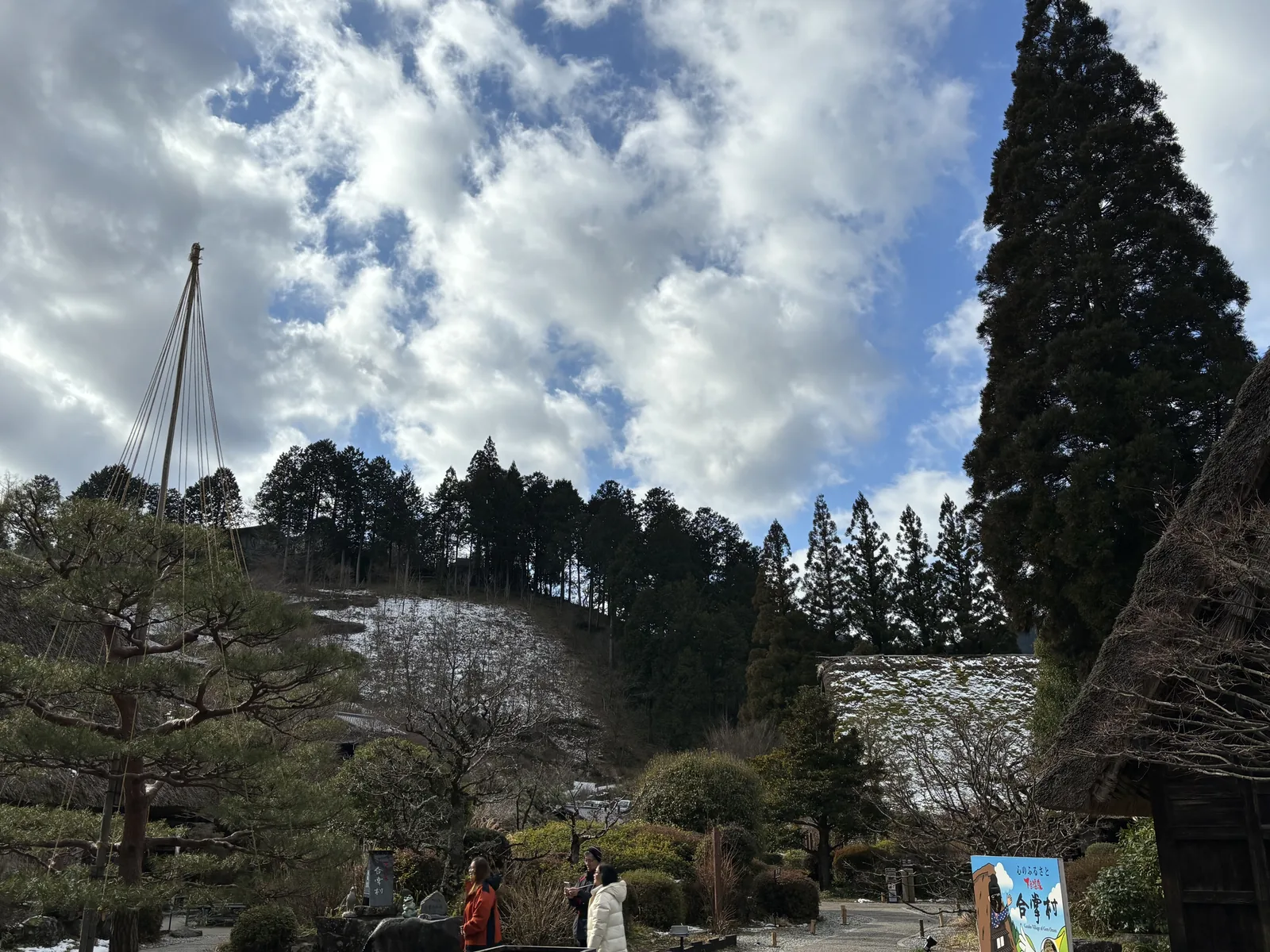 村內的道路與庭園，左側是松樹與防雪的繩吊，右側是高大的杉樹與茅草屋頂的簷角，遠方是積雪的山坡與杉林，數位訪客站在路上