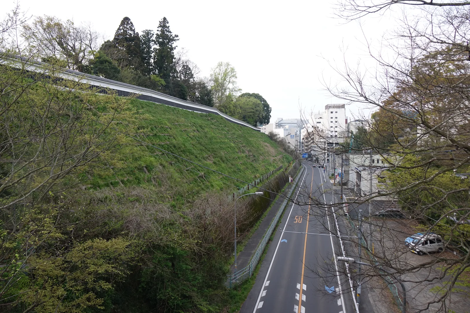 自大手橋上俯視空堀，谷底是一條雙向車道，兩側是長滿草木的土塁斜面
