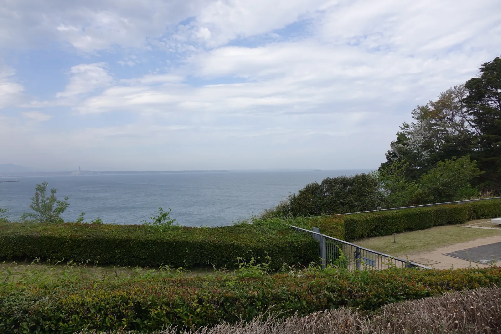 自館區庭園的高處望向南方海岸，前景是修剪成帶狀的綠籬與草坡，中景是斷崖上的松樹與一段突出的岩岸，遠方是海灣與水平線