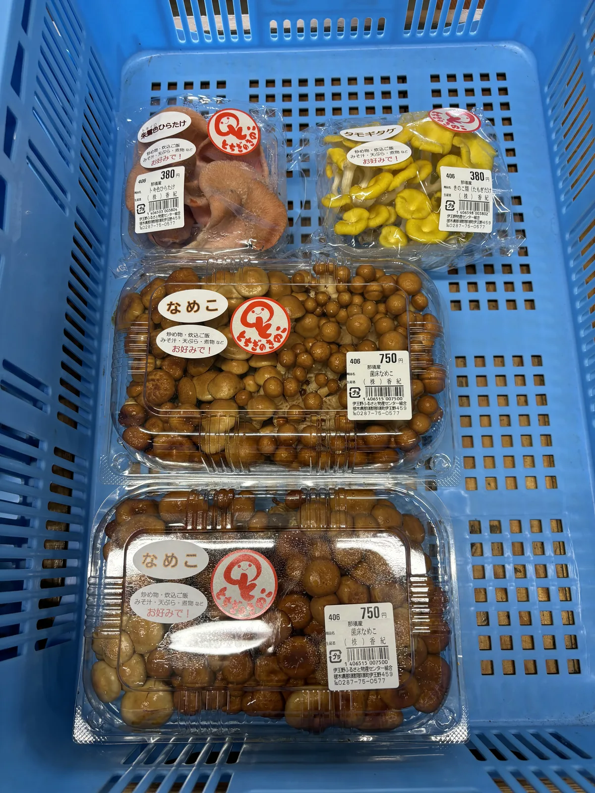 藍色塑膠籃裡疊放三盒菇類，上層一盒是紅色與黃色的菇，下兩盒是褐色的滑子菇，盒上貼著圓形的生產者標籤與價格貼紙
