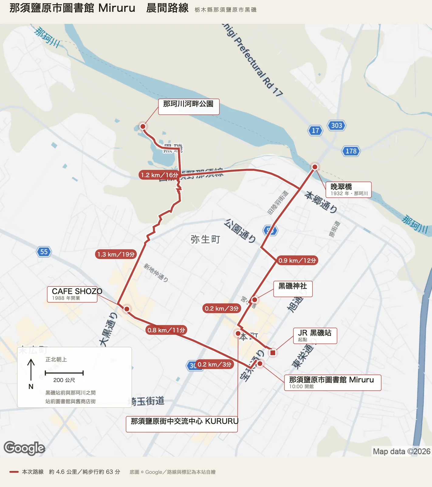 那須鹽原市圖書館 Miruru 晨間路線圖，自 JR 黑磯站出發，經那須鹽原街中交流中心 KURURU、黑磯神社、晚翠橋、那珂川河畔公園與 CAFE SHOZO 後抵達圖書館