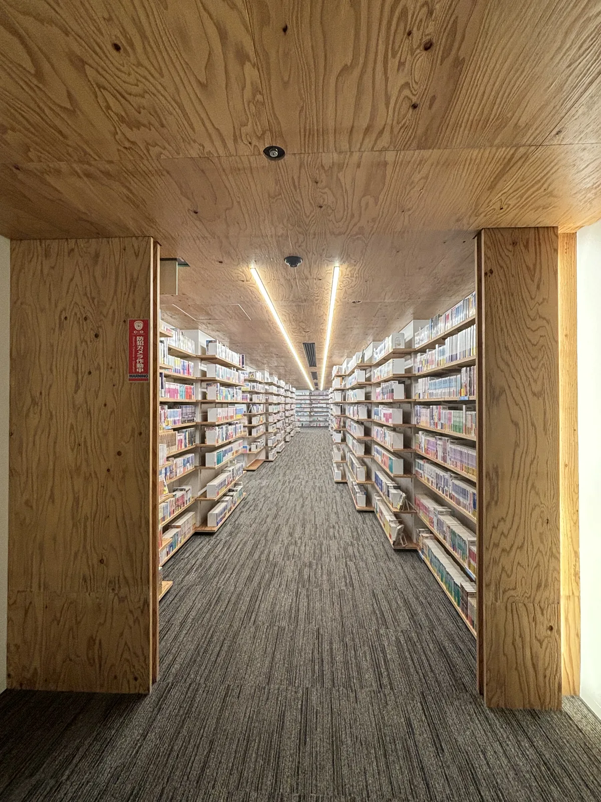 一樓圖書館的通道，前景是以合板包覆的門形框架，框架之後是兩側排滿輕小說的白色書架，天花是木質的面板與兩條線形照明，地面是灰色的地毯