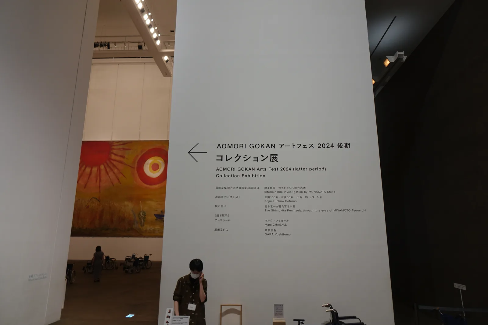 指標立牆列出當期展覽各展示室分配，左側門洞可望見Aleko Hall內一幅巨幅橘紅色背景畫