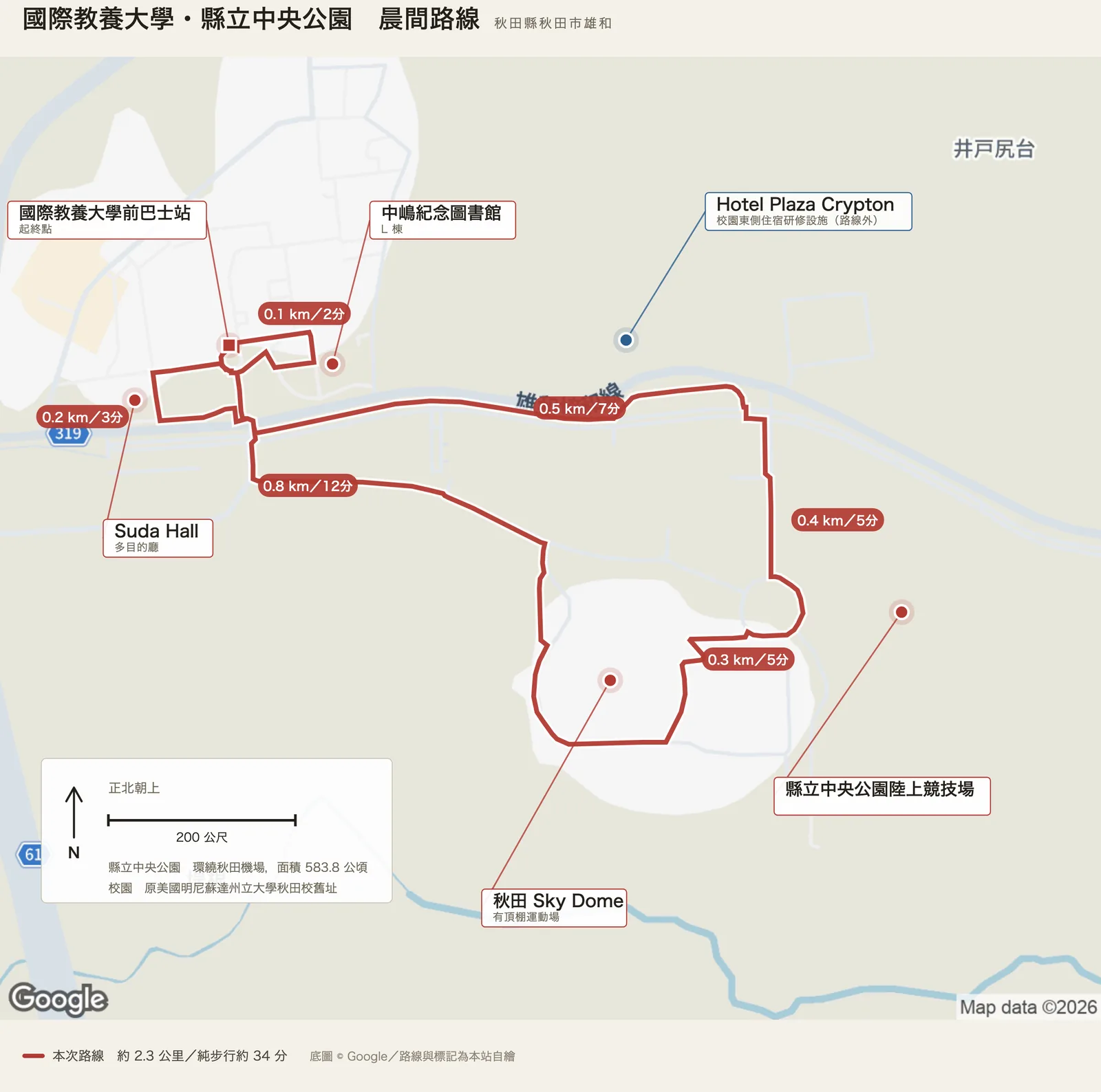 國際教養大學與縣立中央公園晨間路線圖，自巴士站經圖書館、Suda Hall、秋田Sky Dome、陸上競技場，沿北側道路返回
