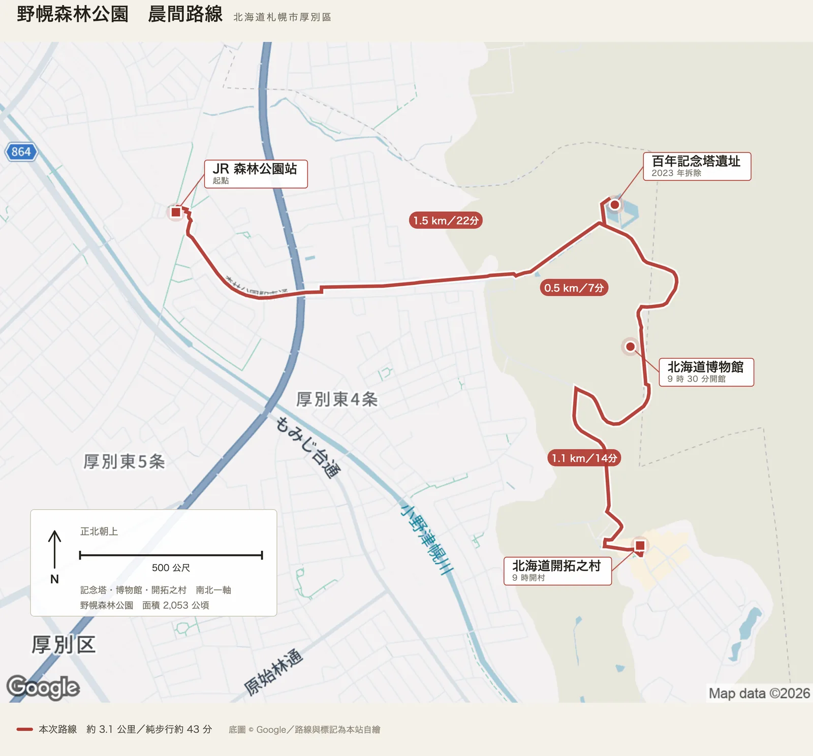 野幌森林公園晨間路線圖，自 JR 森林公園站經百年記念塔遺址、北海道博物館至北海道開拓之村