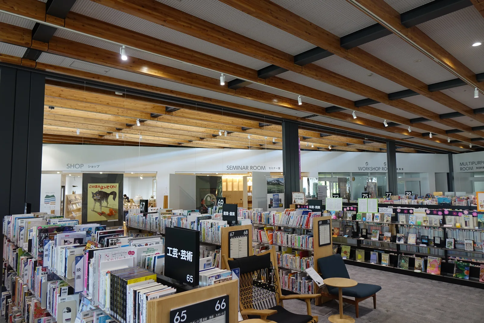開架書架區，書架端部標示分類編號，右側為家具展示與單人椅，遠處沿周邊為商店與研討室的白牆與標示
