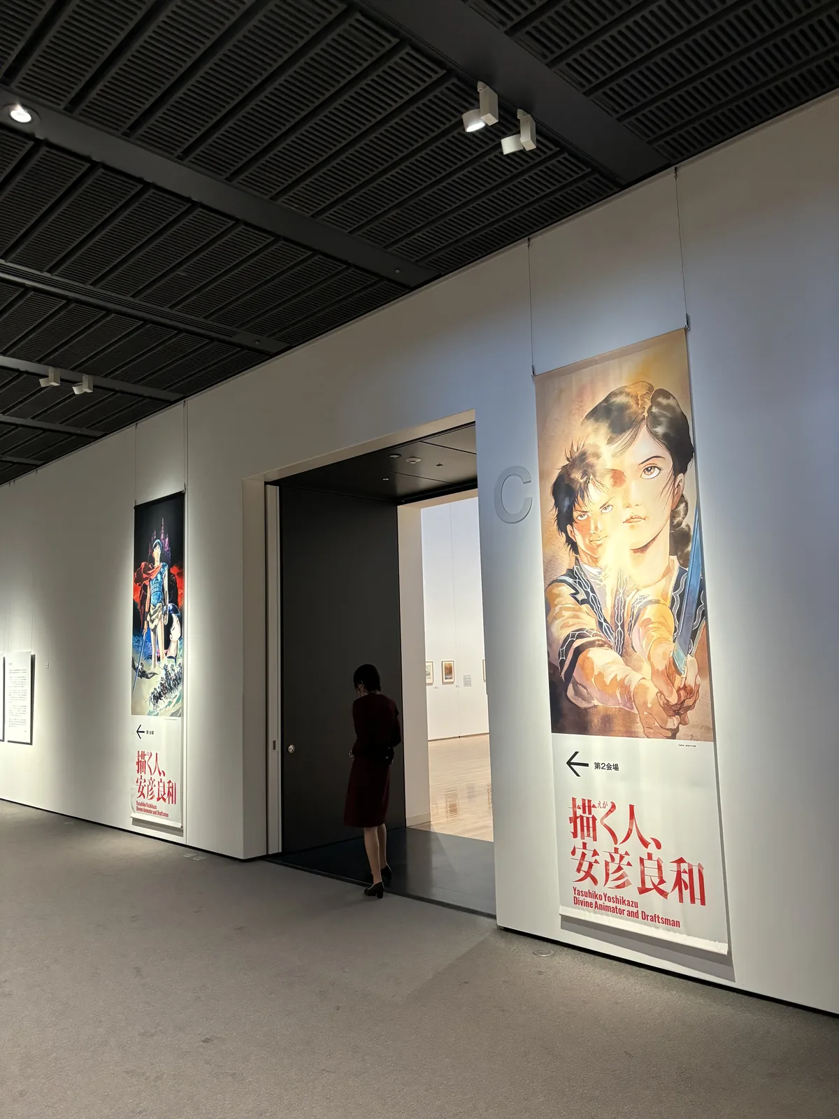 美術館展示室外的通道，白色的牆面上掛著企畫展的布幔，天花板是黑色並裝有軌道燈，牆上開著一道以黑色框收邊的開口，一位參觀者正走入展示室