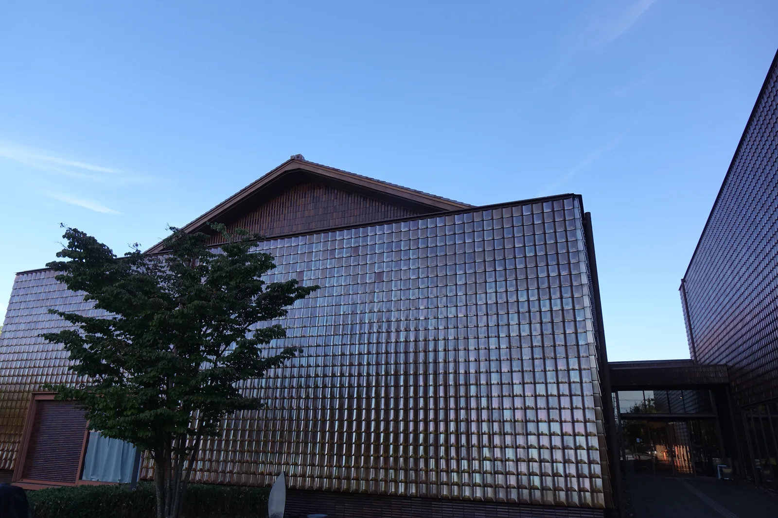 瓦覆面的建築外觀，前景是一棵樹，後方是一道以瓦覆面的高牆與山形屋頂，瓦面在斜光下呈現紫灰色的金屬光澤，右側是另一道瓦牆與連接兩棟的玻璃走廊