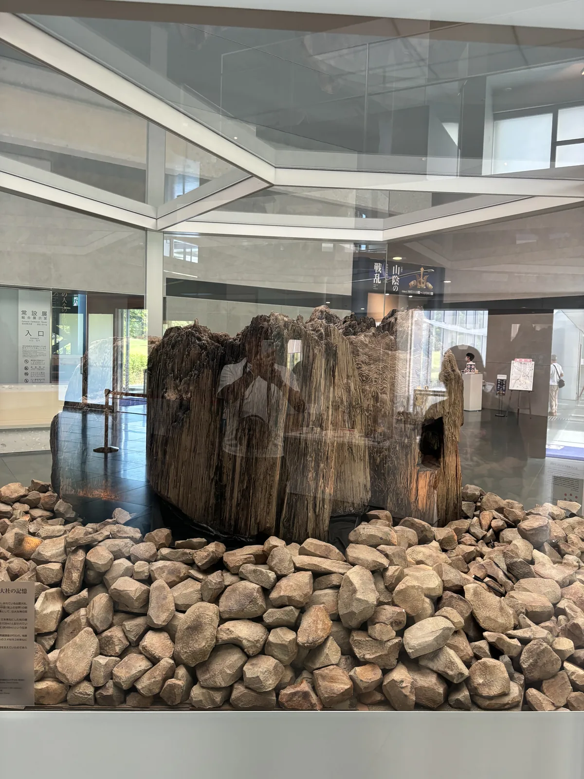 大廳中的一處展示區，上方天花板開成多邊形的頂光，下方以玻璃圍起，中央是一組以木材束成的巨大柱根，底部堆滿石塊，周圍可見大廳的玻璃面與參觀者