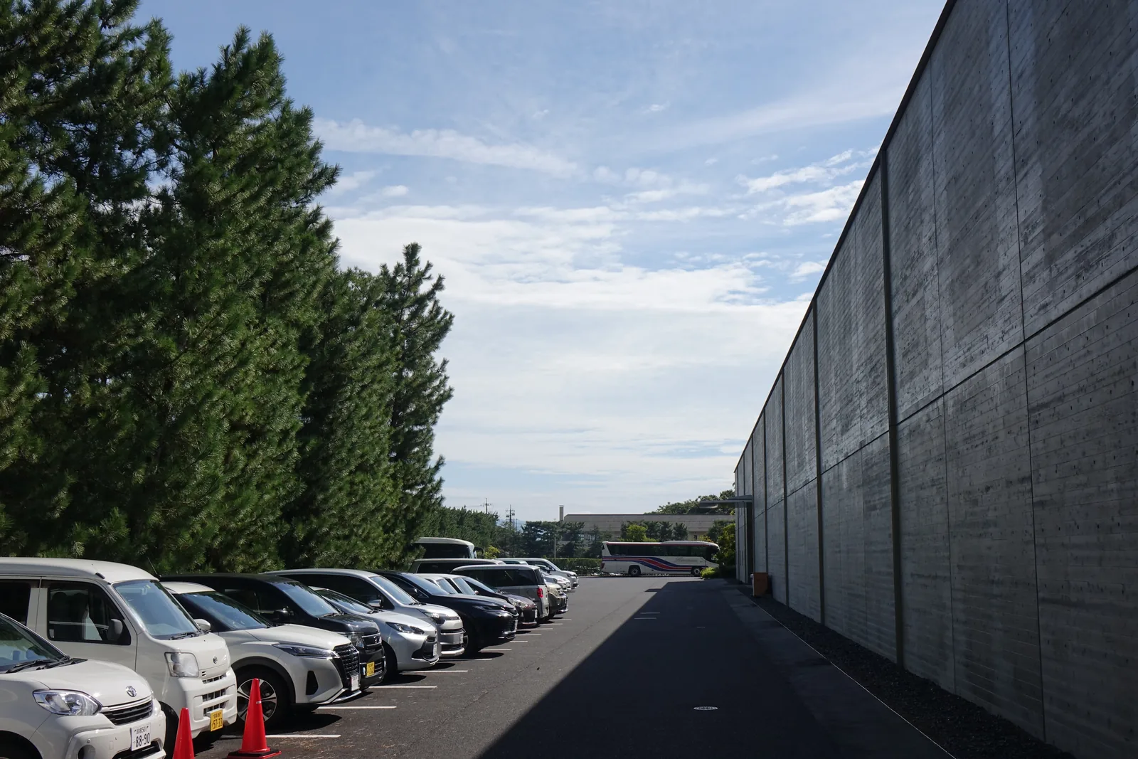 停車場一側的清水混凝土長牆，牆面以模板接縫分割、沒有開口，左側是一排松樹與停放的車輛，遠方是巴士