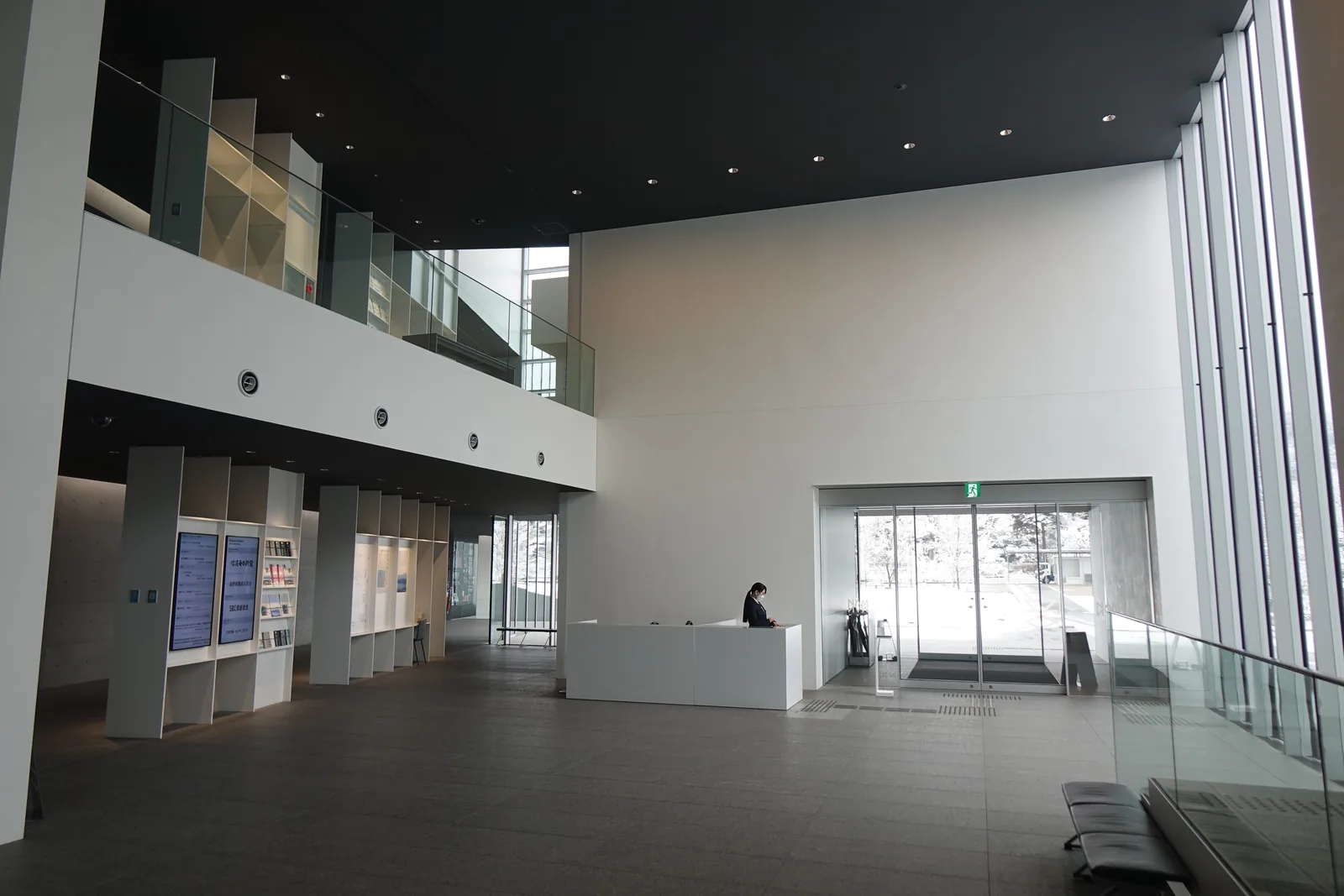 入口大廳的全景，左側是二樓挑空的扶手與一排白色的展示牆，中央是服務台與一組玻璃自動門，右側是挑高的玻璃與細長的直條，地面是灰色的石材