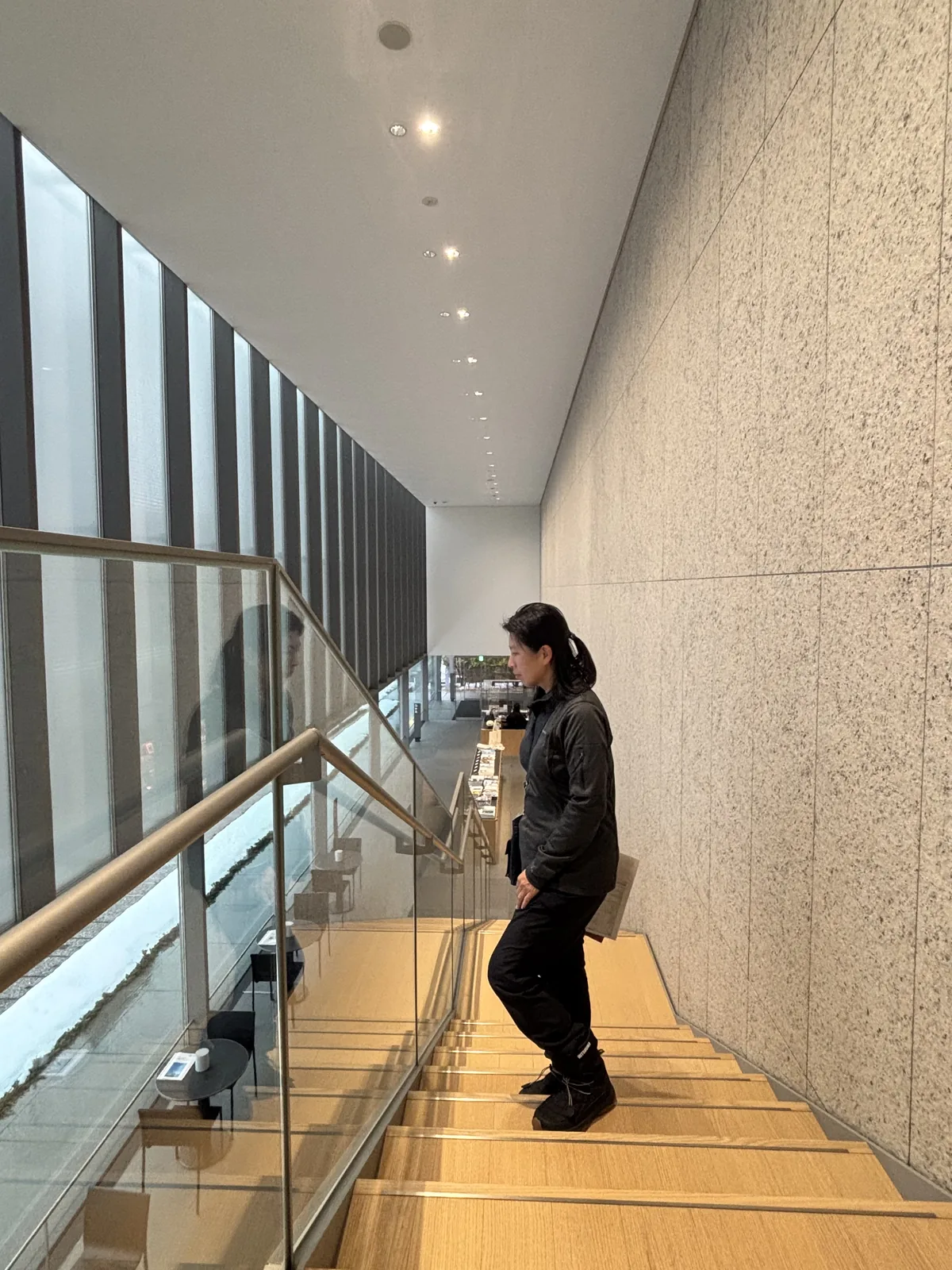 自 lounge 的樓梯往下看，木踏板的樓梯沿著石材覆面的牆面下降，左側是玻璃扶手與落地玻璃，玻璃外是縱向的格柵與覆雪的人行道，一位參觀者扶著扶手下樓，天花是白色平面與一列嵌燈